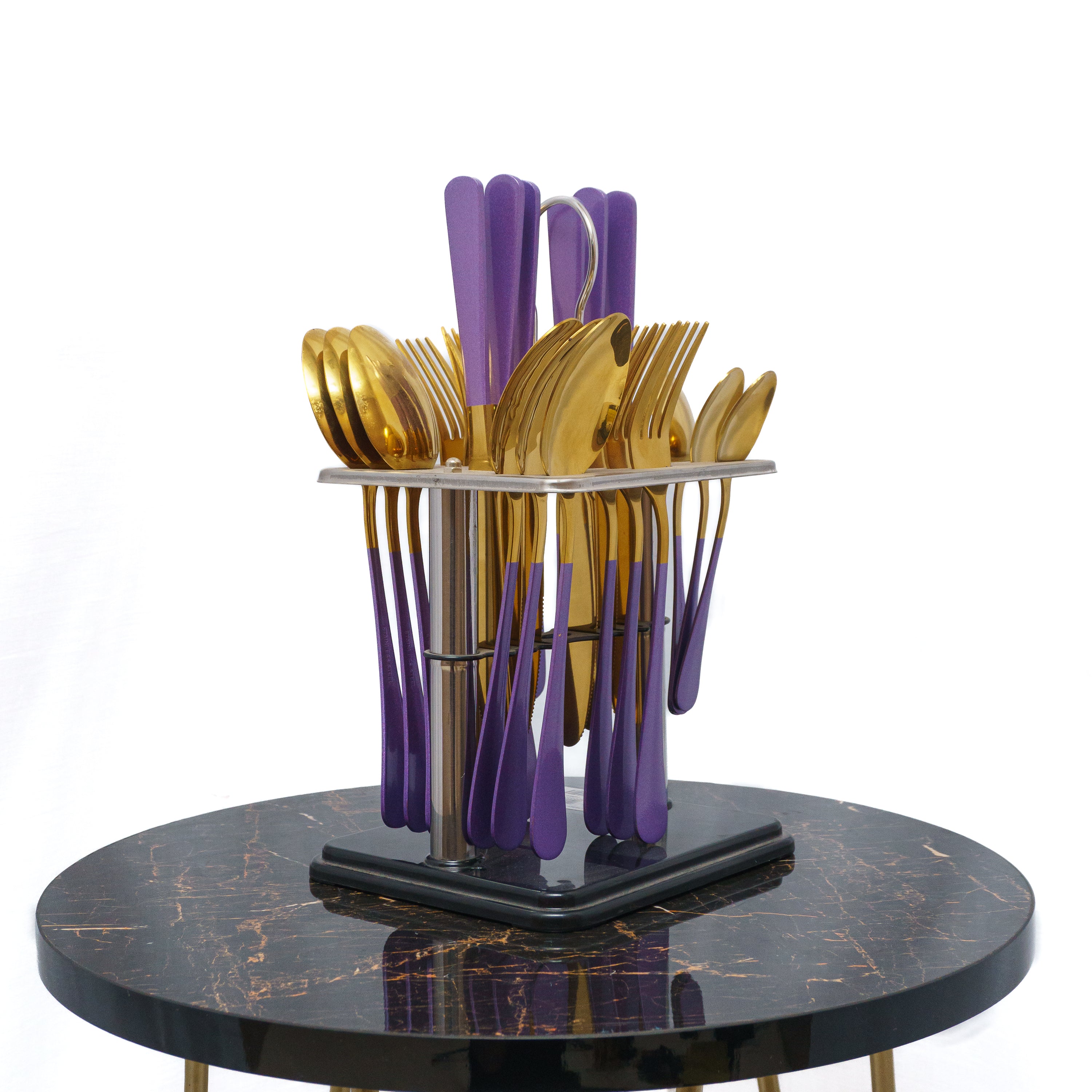 Golden Purple Spoon and Fork Set with Stand