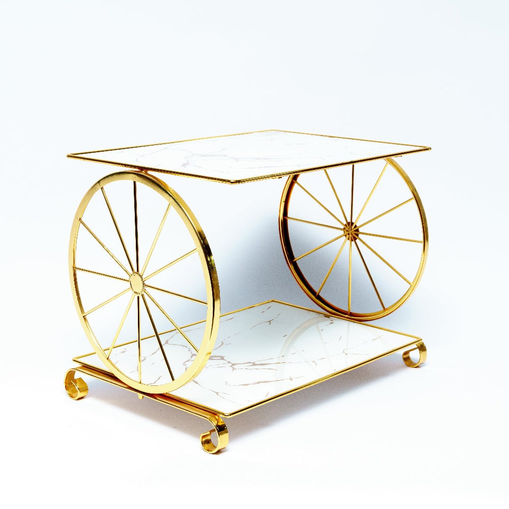 Modern Marvel: 2-Tier Glass and Metal Dish with Wheel Design