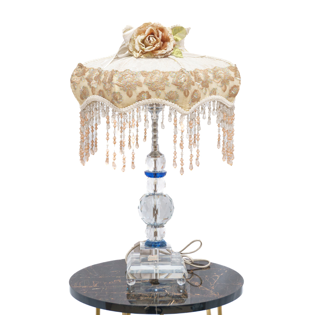 Electric Table Lamp: Rose Crown Lamp Shade with A String of Pearls and Crystal Base Featuring Crystal Ball Stand
