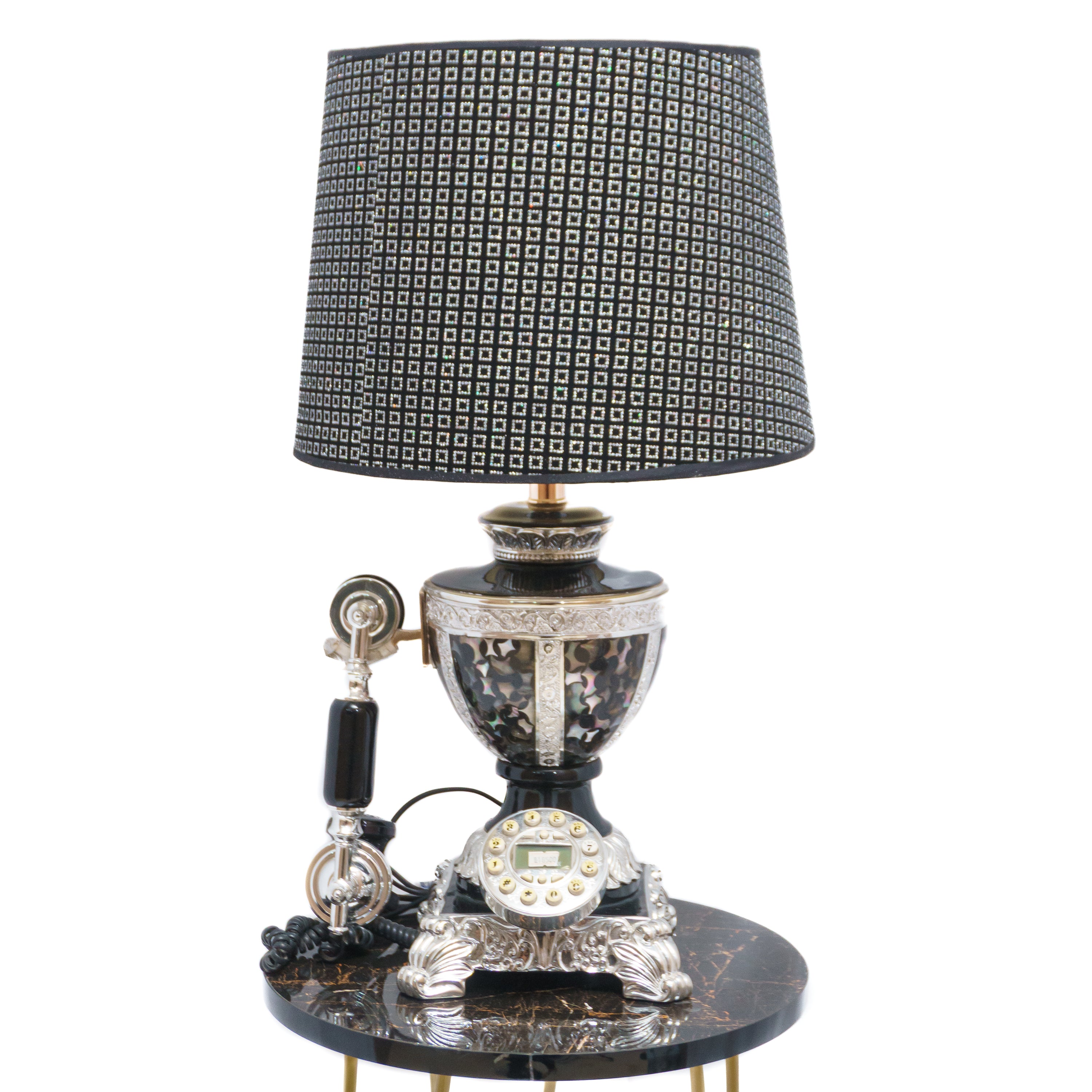 Electric Table Lamp: Square Design Shade with Classic Telephone Set Theme
