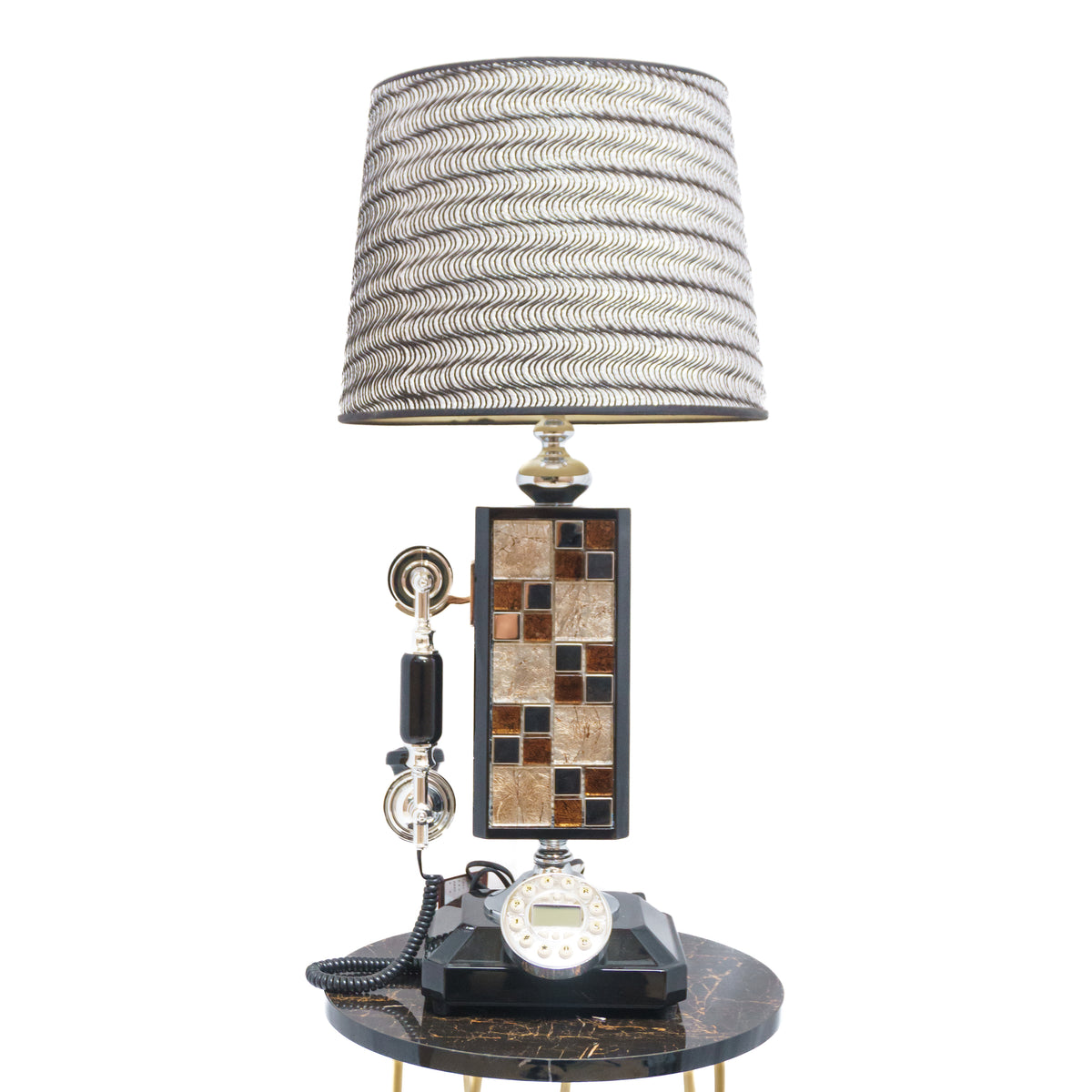 Electric Table Lamp: Wavy Style Shade with Classic Telephone Set and Tile Design Lamp Stand