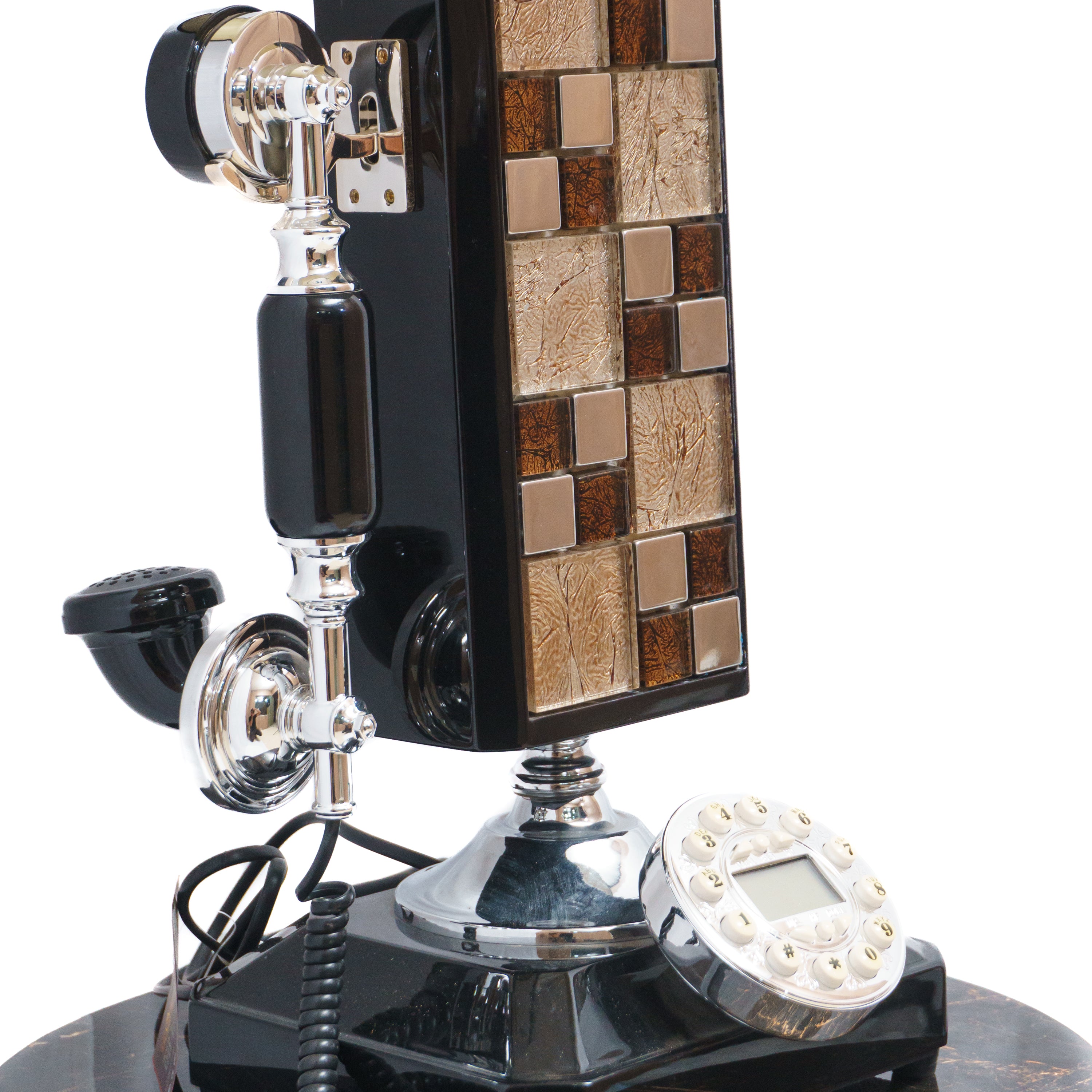 Electric Table Lamp: Wavy Style Shade with Classic Telephone Set and Tile Design Lamp Stand