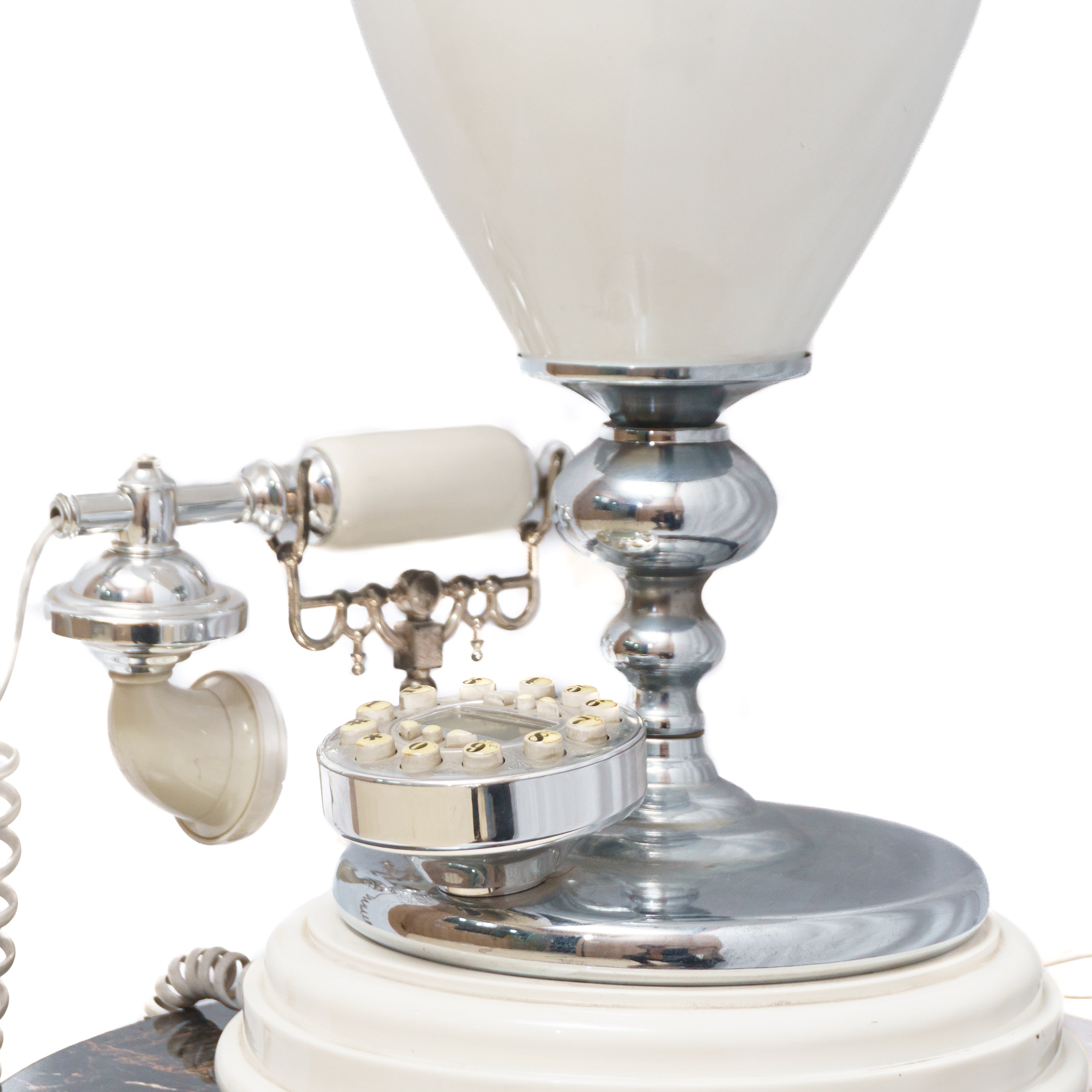 Clarity Shaped Electric Table Lamp: White Shade with Golden and White Pearls, Round Button Keypad Telephone Set Stand