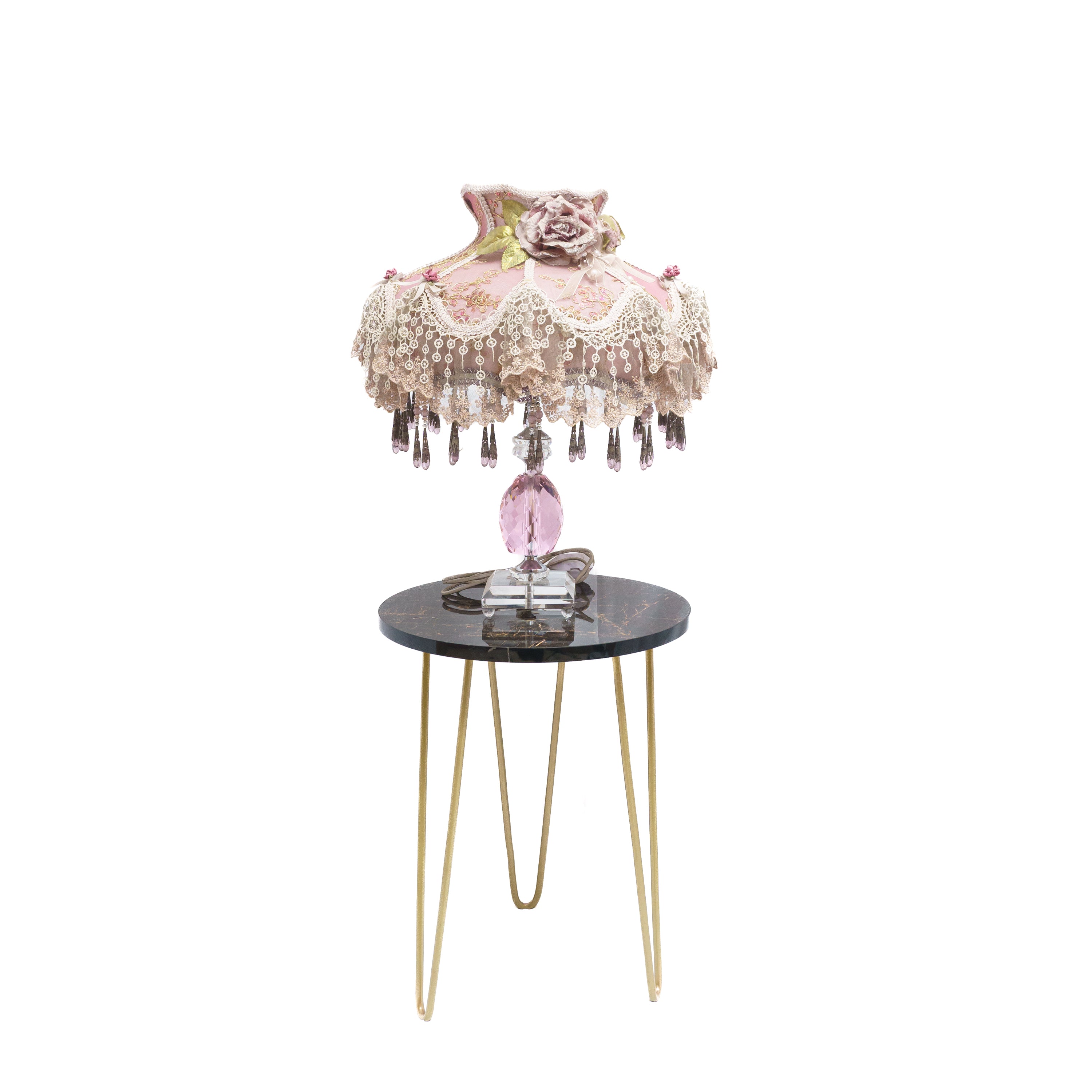 Rose Flower Umbrella Style Table Lamp with Net, Beads, Crystal Ball Stand, and Square Crystal Base