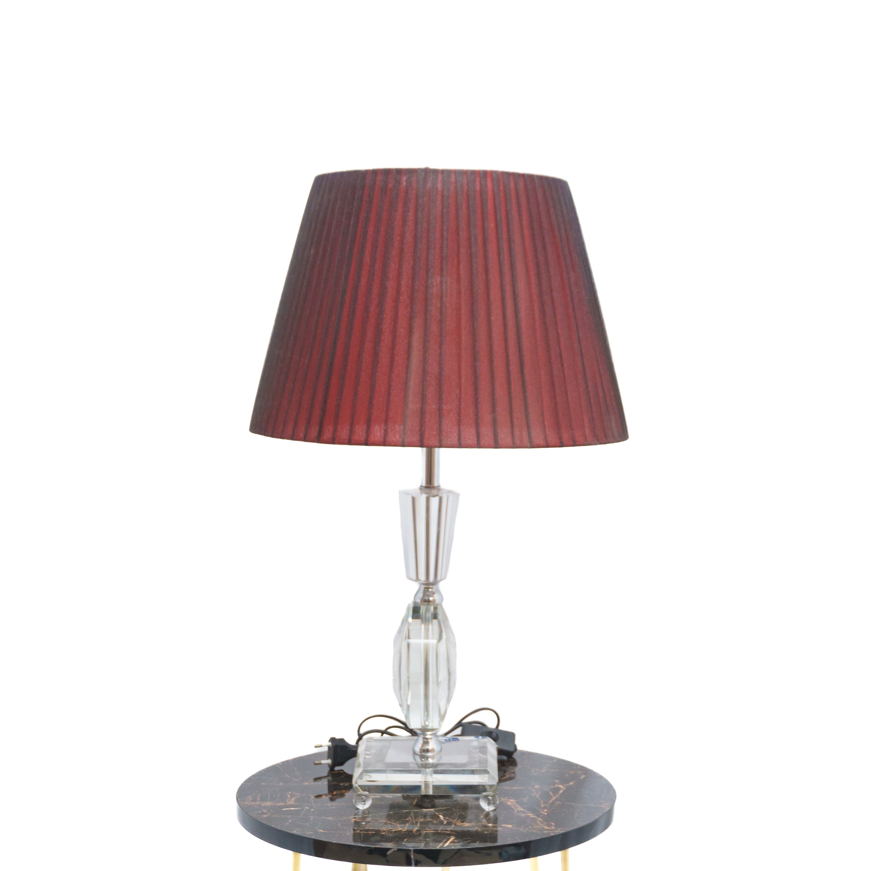 Maroon Elegance Electric Table Lamp: Fabric Shade with White Crystal Lamp Stand and Base