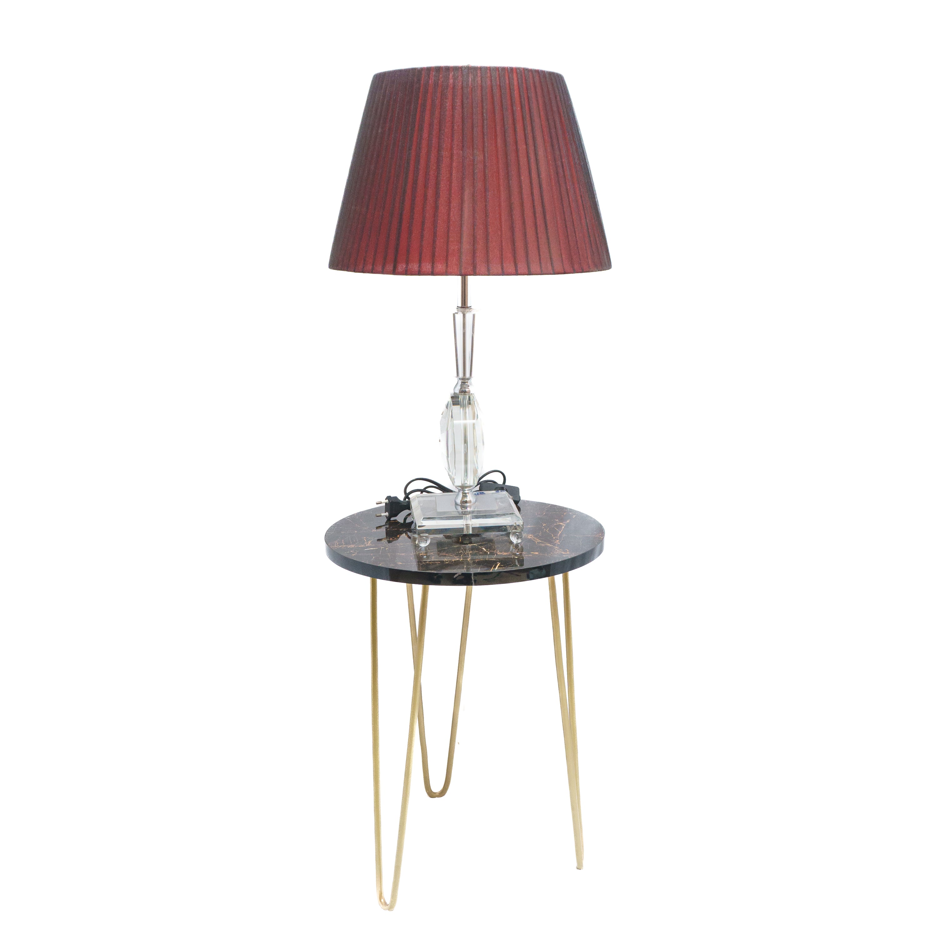 Maroon Elegance Electric Table Lamp: Fabric Shade with White Crystal Lamp Stand and Base