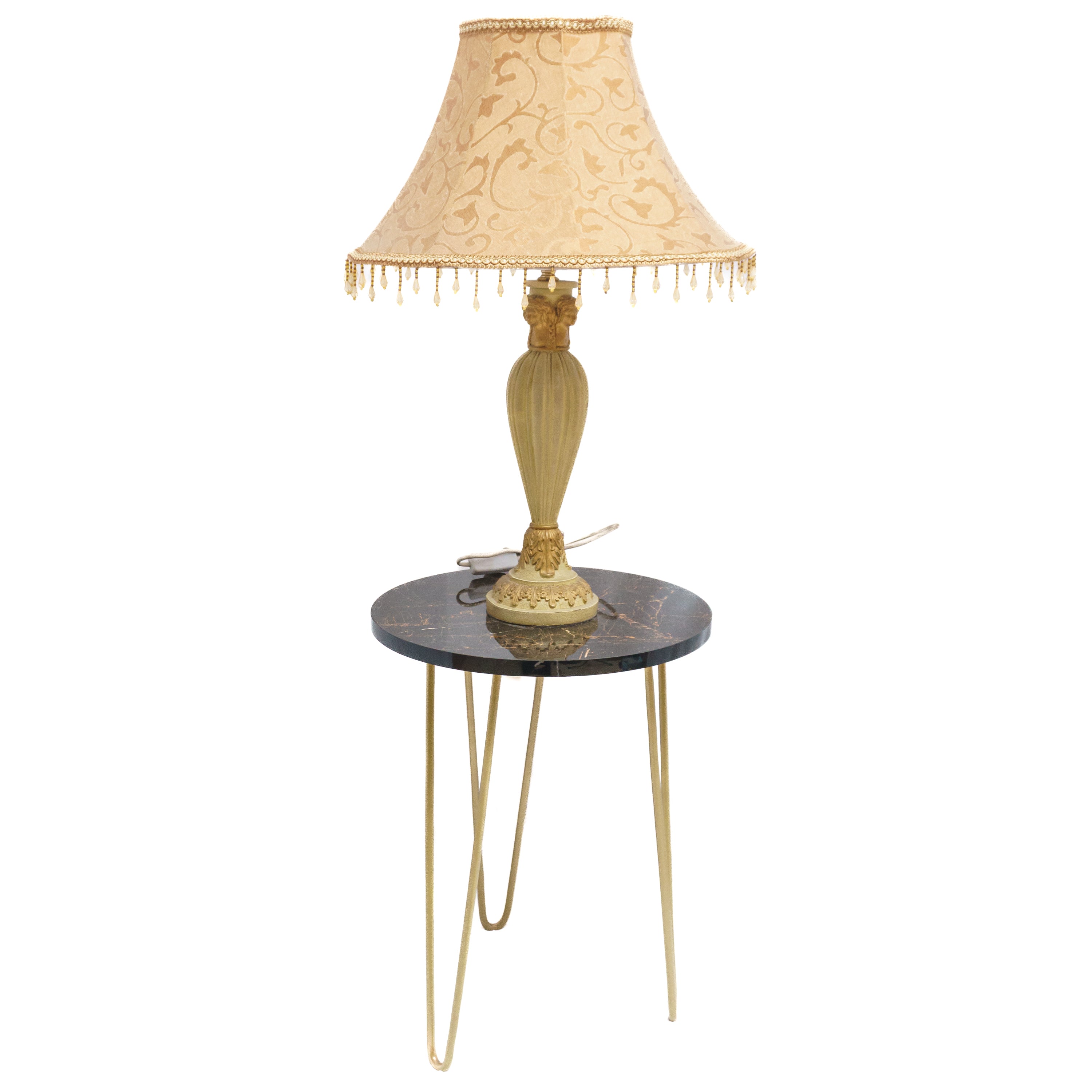 Floral Elegance Electric Lamp: Beige Fabric Shade and Base with Matching Lamp Stand