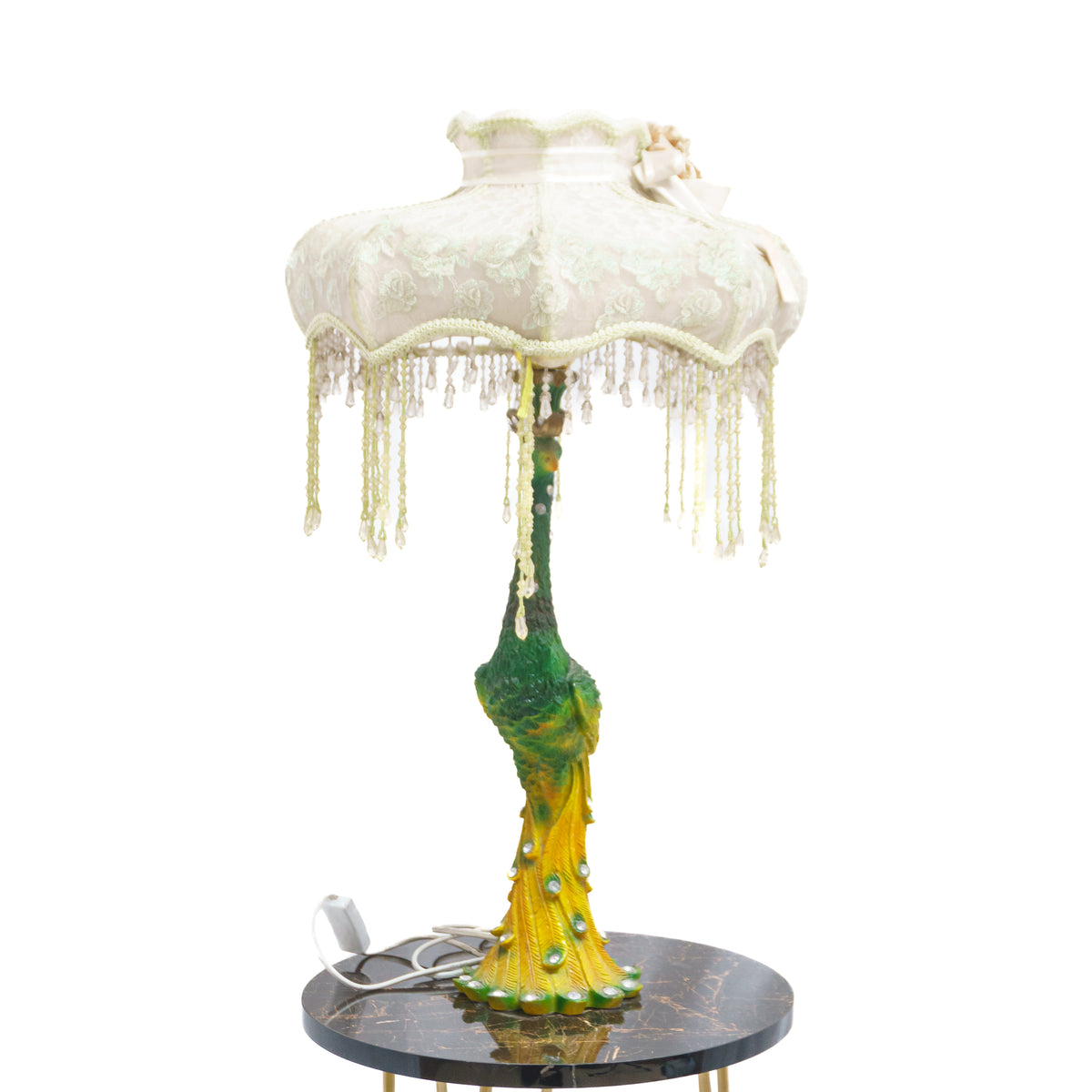 White Crown Theme Lamp Shade with Attractive Yellow Green Peacock Lamp Stand