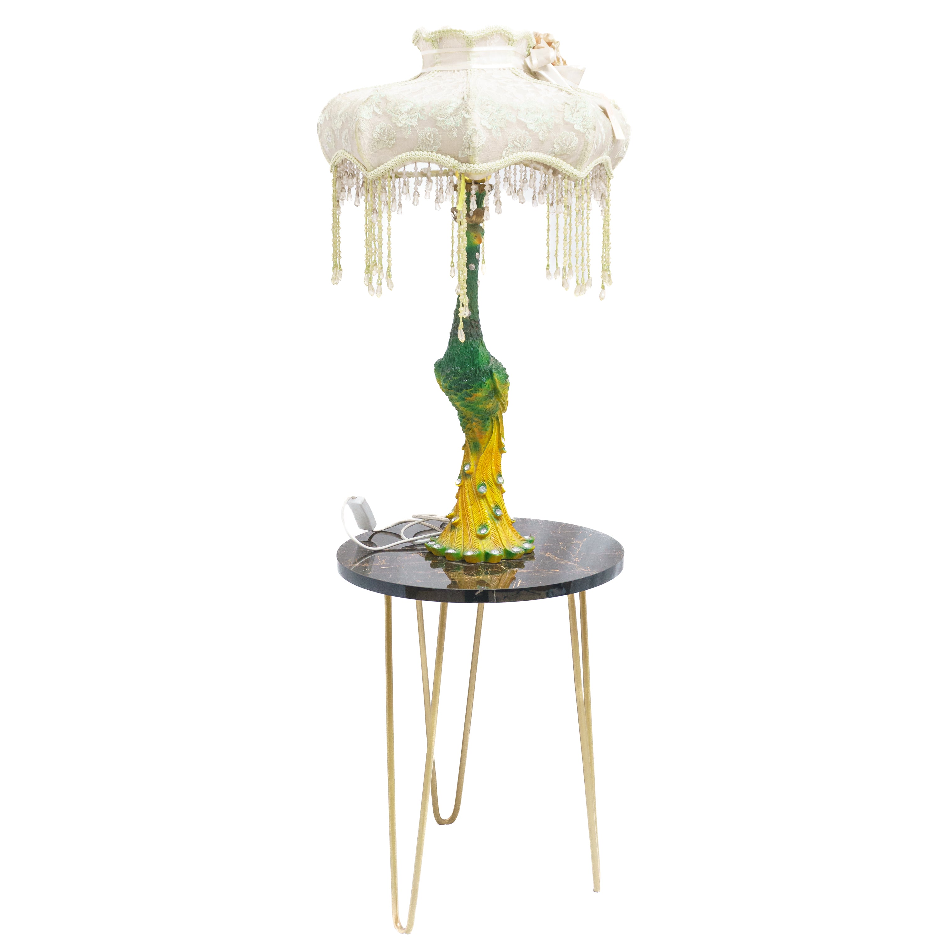 White Crown Theme Lamp Shade with Attractive Yellow Green Peacock Lamp Stand