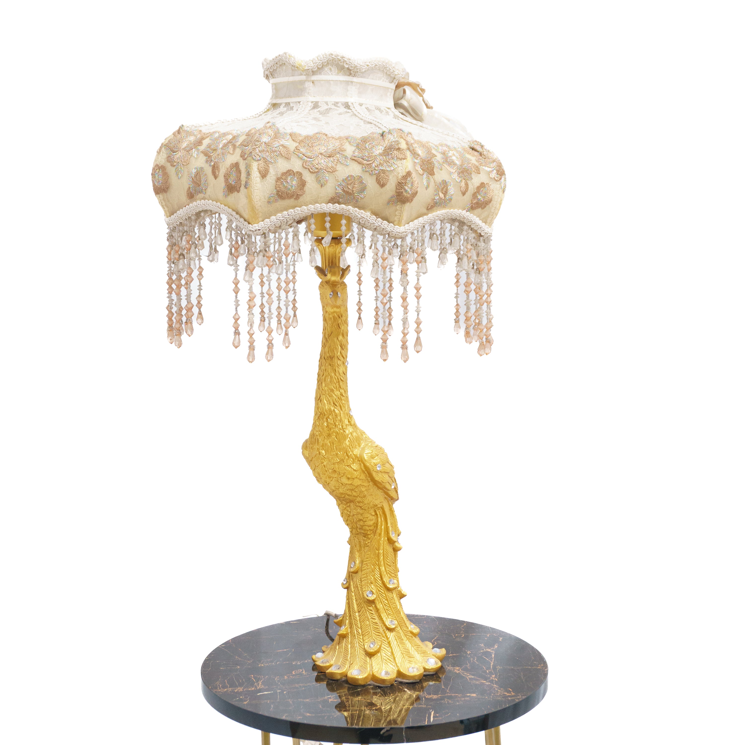 Off White Crown Theme Lamp Shade with Attractive Golden Peacock Lamp Stand