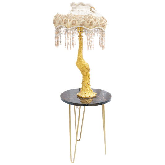 Off White Crown Theme Lamp Shade with Attractive Golden Peacock Lamp Stand