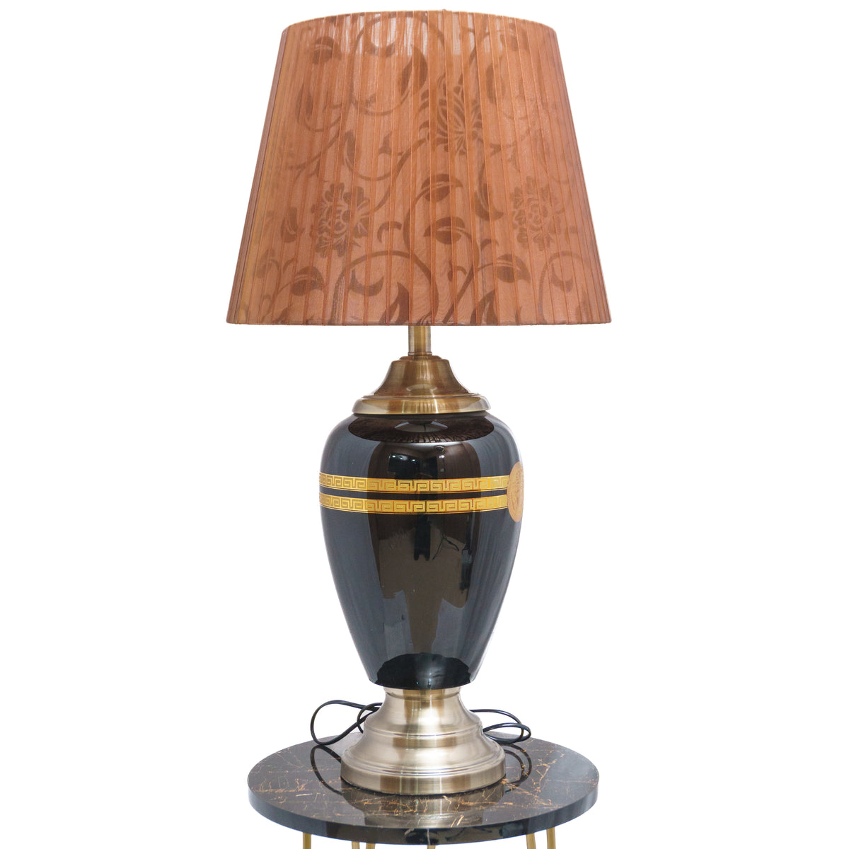 Golden Brown Floral Fabric Lamp Shade with Black Clarity Theme Lamp Stand