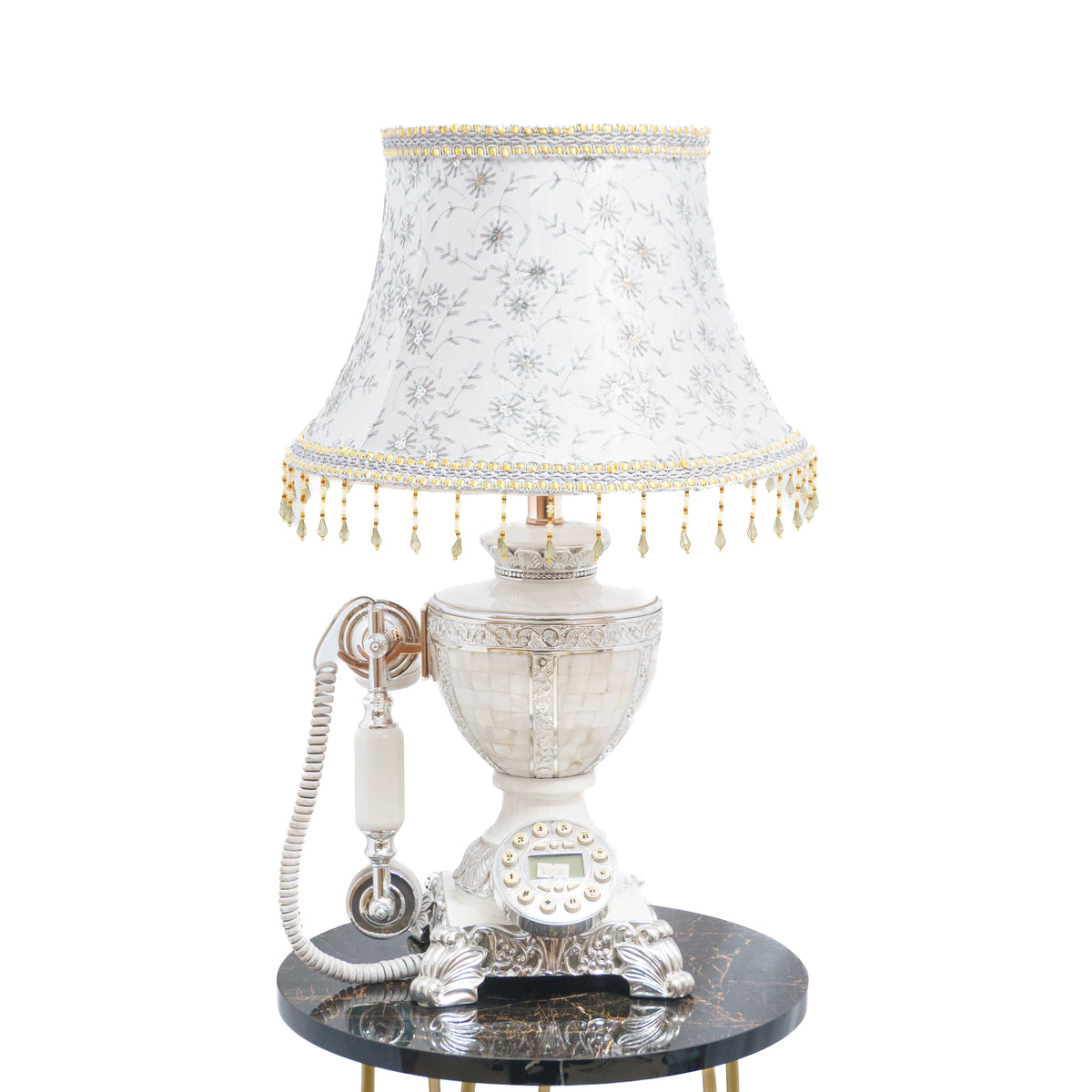 Vintage Elegance: Silver Floral Fabric Lamp with Classic Telephone Set Lamp Stand