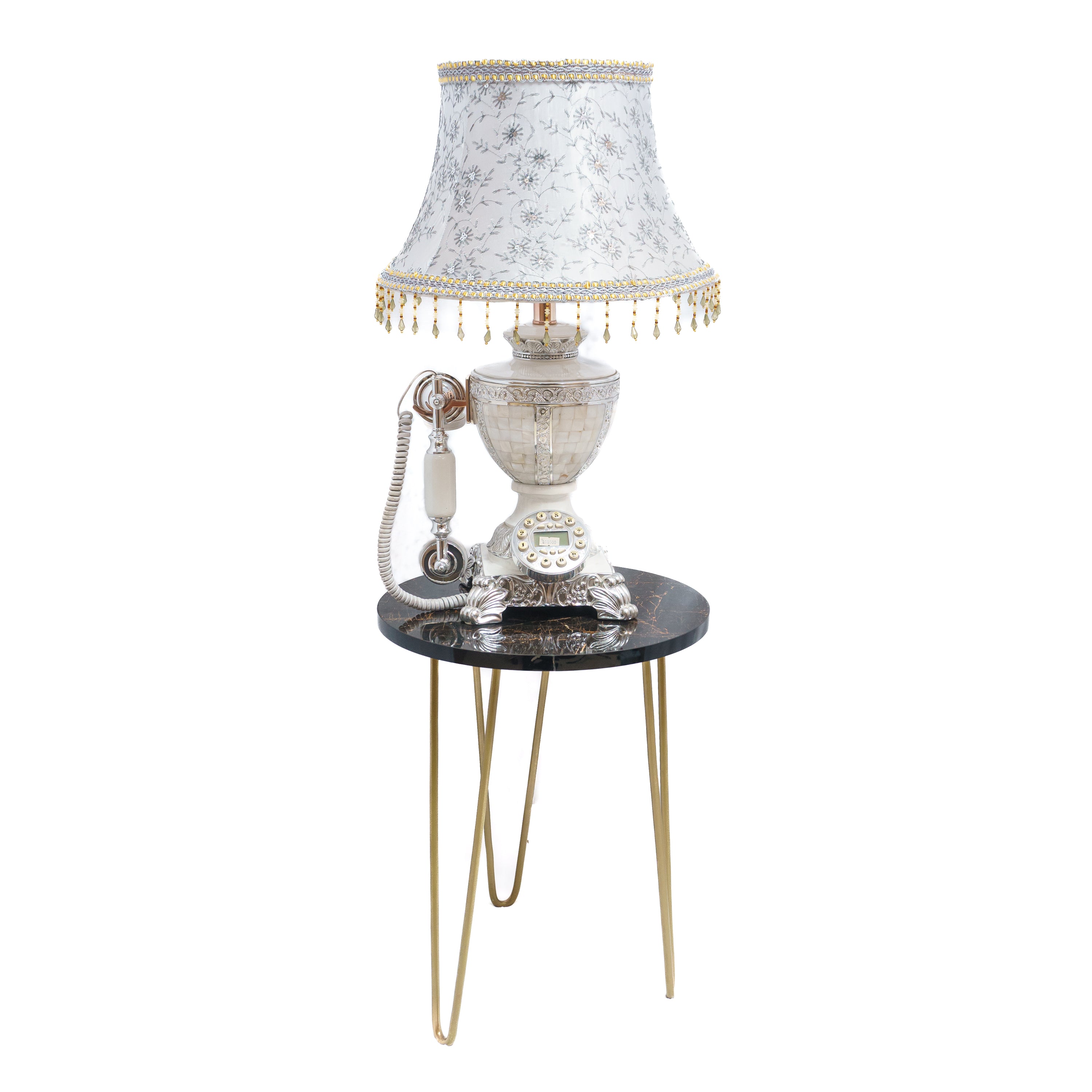 Vintage Elegance: Silver Floral Fabric Lamp with Classic Telephone Set Lamp Stand