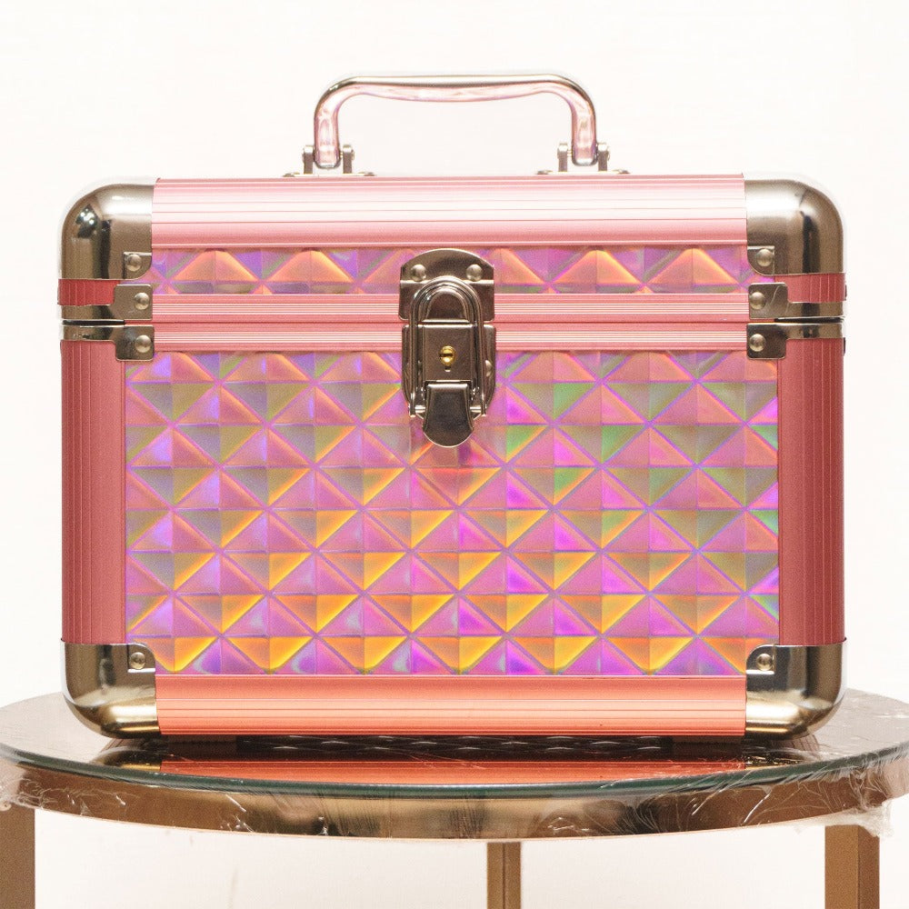 Chic Holographic Rose Gold: 3D Design Beauty Suitcase