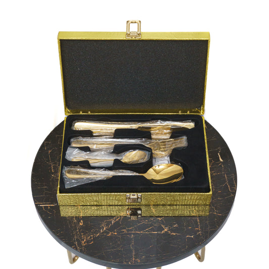 Radiant Gold Elegance: Exquisite Golden Spoon and Fork Set in a Luxurious Golden Box