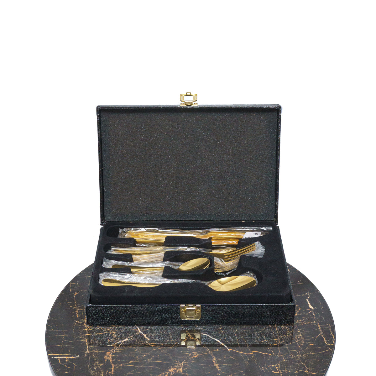 Golden Elegance Unveiled: Opulent Spoon and Fork Set in Sleek Black Box
