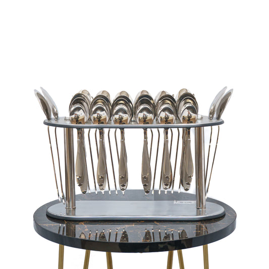 Chic Chrome Delight: Complete Silver Spoon Set with Elegant Stand 12 Persons Serving