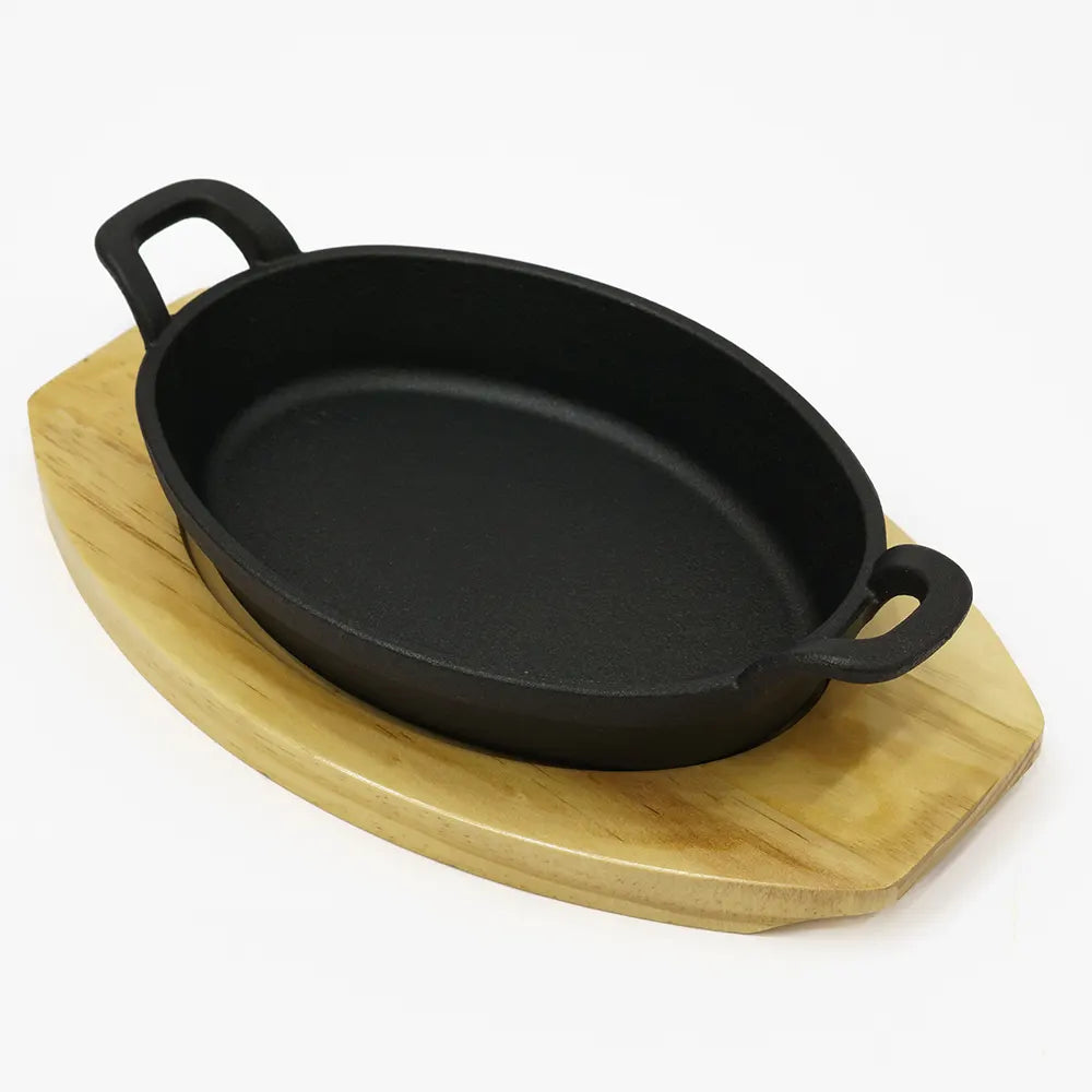 Cast Iron Sizzler Hot Serving Dish & Wooden Stand