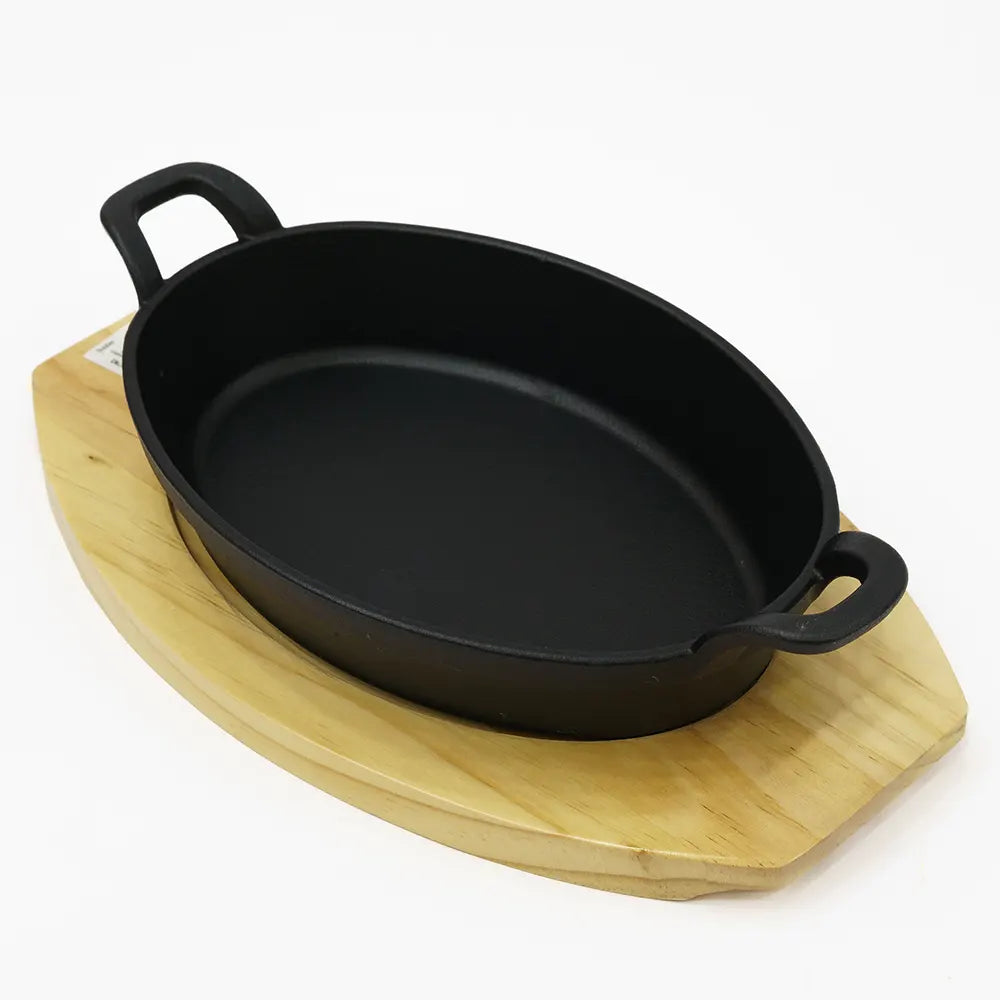 Cast Iron Sizzler Hot Serving Dish & Wooden Stand