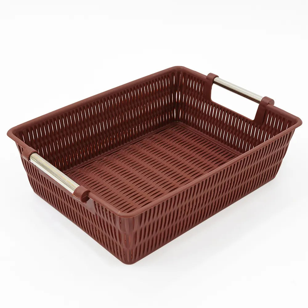 Brown Plastic Storage Basket with Metal Accents