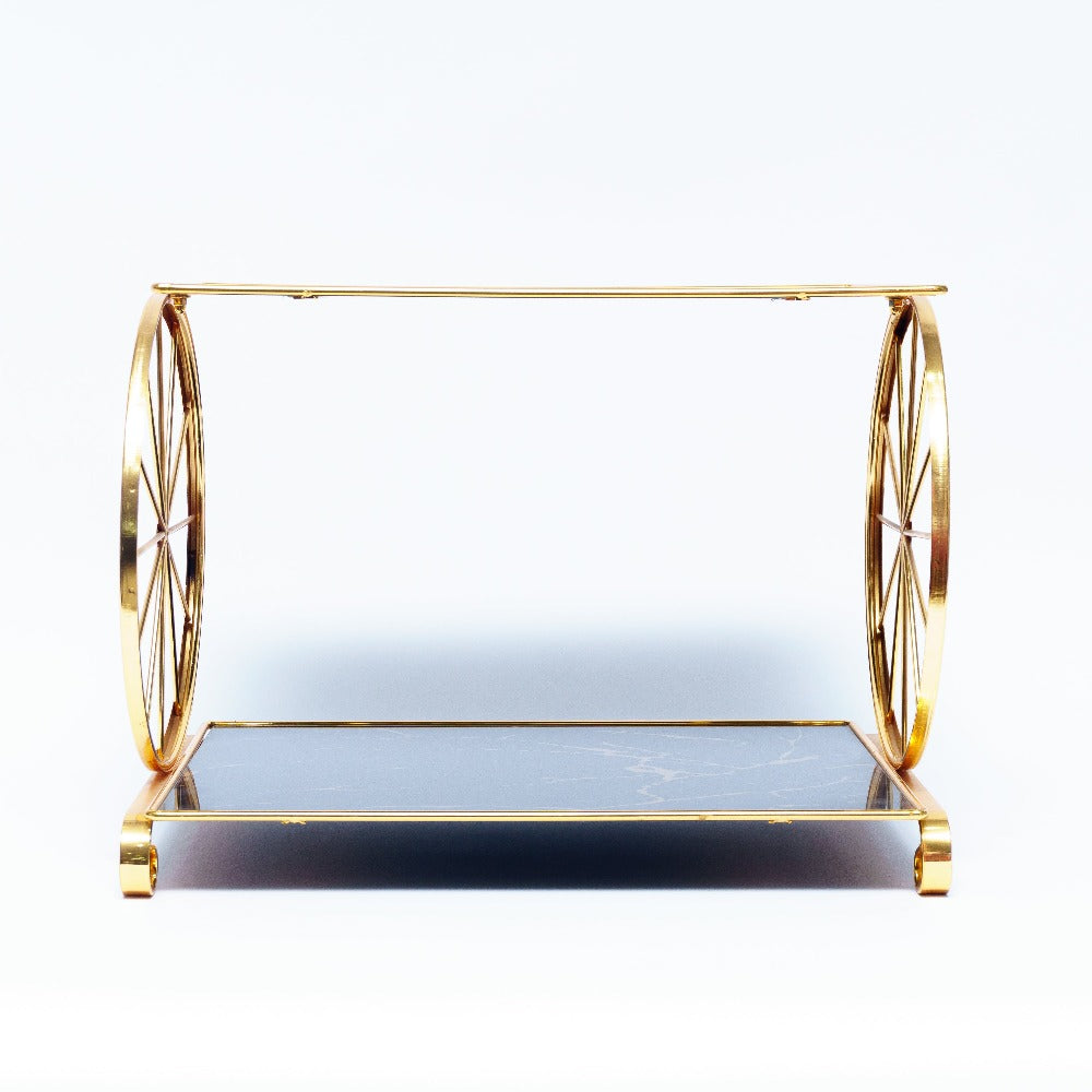 Modern Marvel: 2-Tier Glass and Metal Dish with Wheel Design