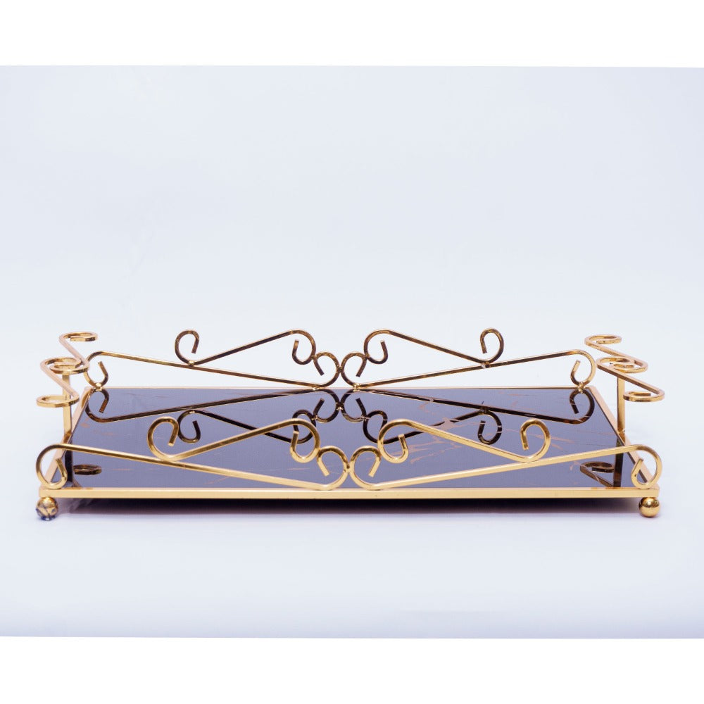 Fancy Dish Tray with Metal Bars Design in Elegant Golden Chrome Color