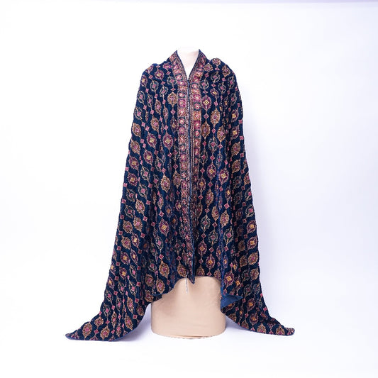 Dark Blue Velvet Shawl with Intricate Heavy Embroidery and Fancy Design: Timeless Elegance"