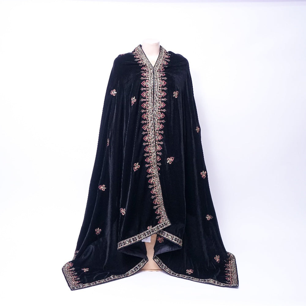 Black Velvet Shawl with Floral Design and Embroidered Border: Elegance in Every Drape