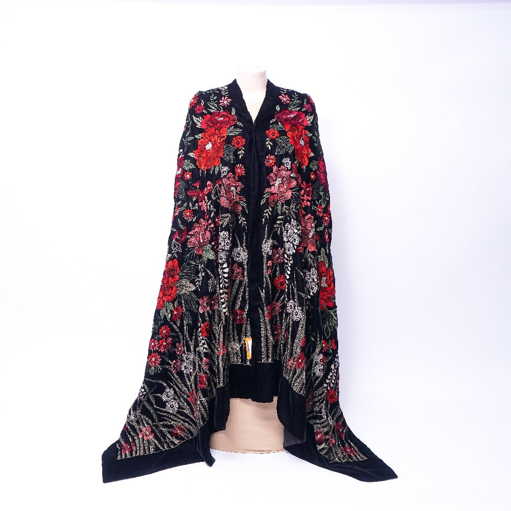 Dark Black Velvet Shawl with Large Floral Design: Elegance in Every Drape