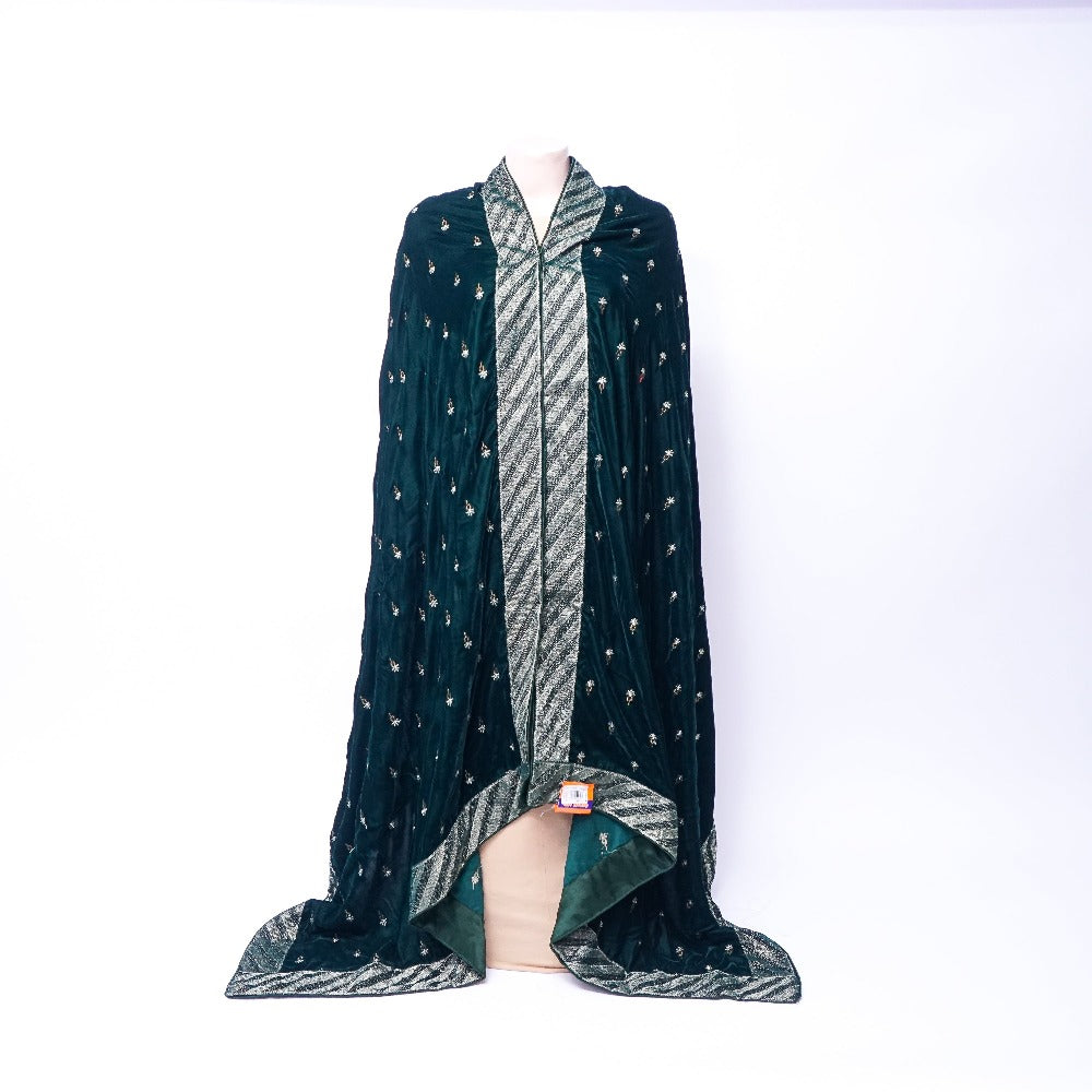 Dark Green Velvet Ladies Shawl with Silver Floral Design and Border: Elegance in Every Drape