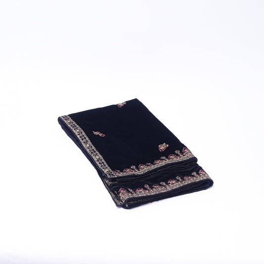 Black Velvet Shawl with Floral Design and Embroidered Border: Elegance in Every Drape