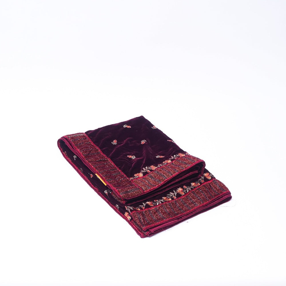 Maroon Velvet Shawl for Ladies with Exquisite Fancy Floral Design: Timeless Elegance