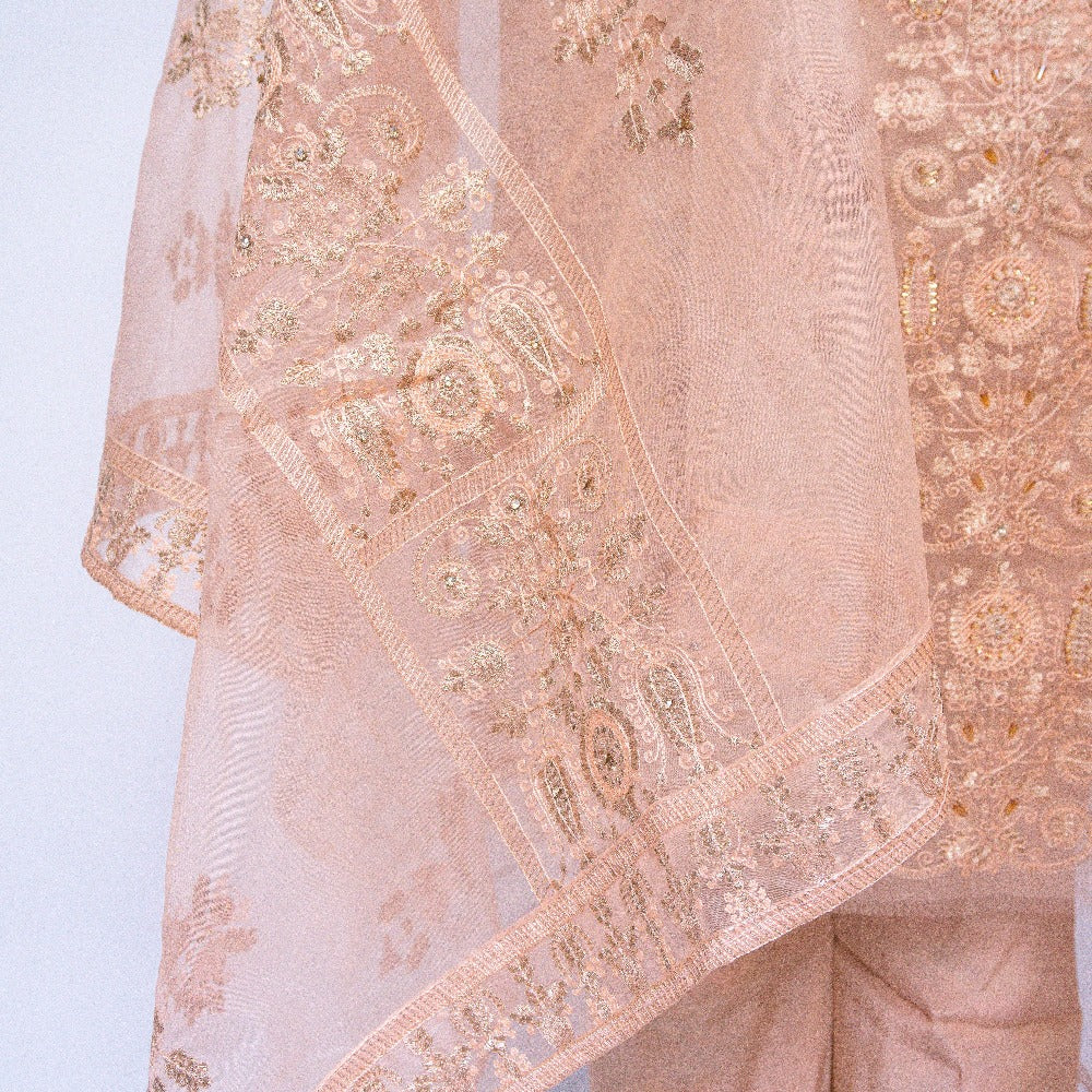 Hand-Embellished Organza Ensemble: Embroidered Shirt, Raa Silk Trouser, and Matching Dupatta - Timeless Elegance Crafted with Artisanal Excellence
