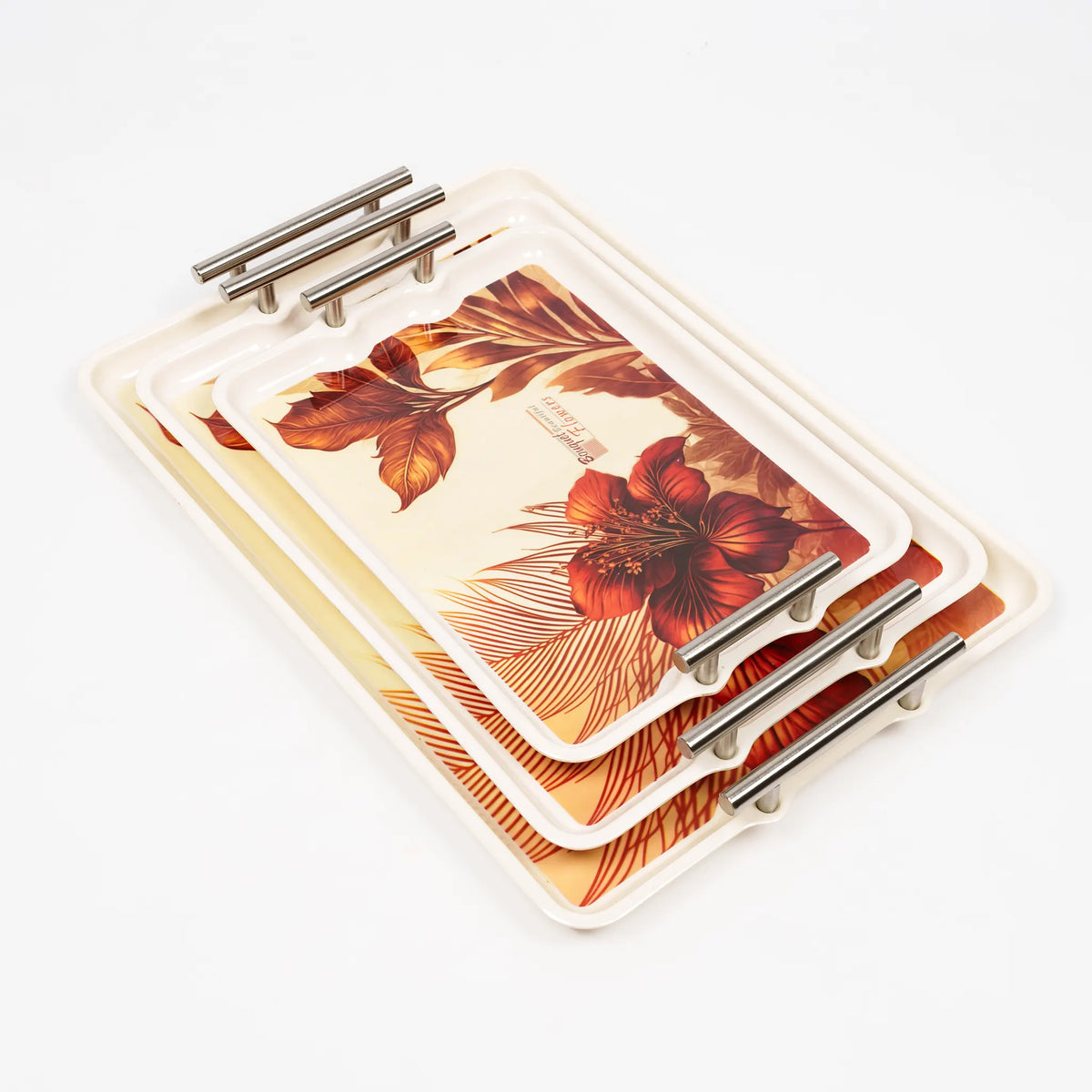 3-Piece Floral Serving Tray Set with Metal Handles