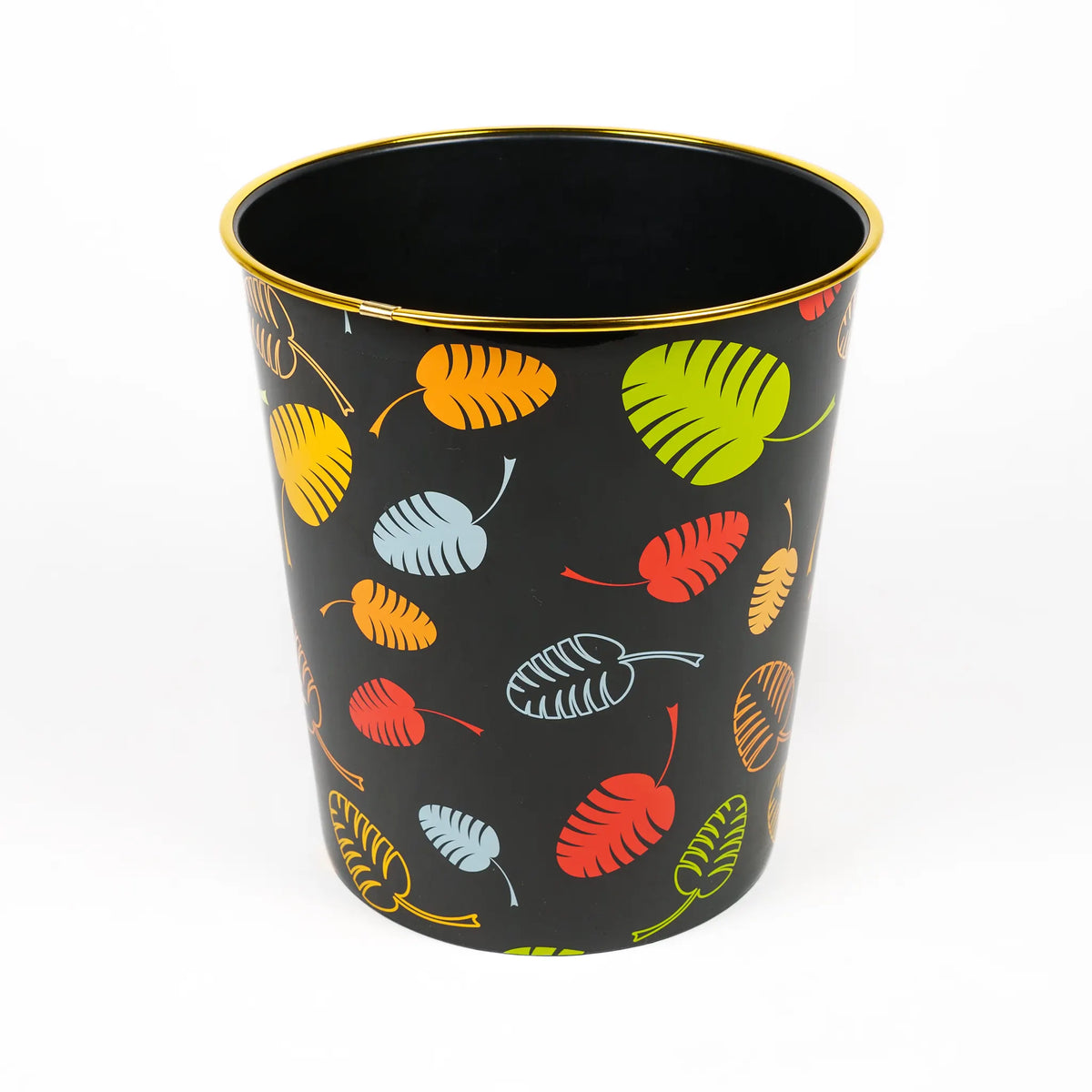 Black Trash Can with Leaf Pattern