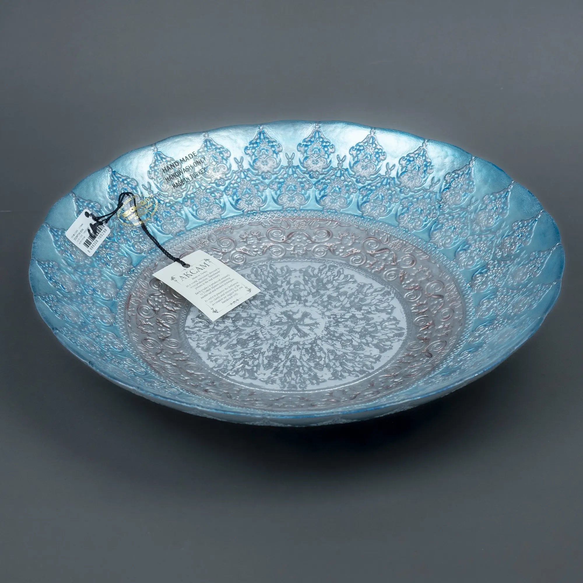 Hand-Decorated Glass Serving Bowl with Blue Filigree Pattern and Scalloped Edge