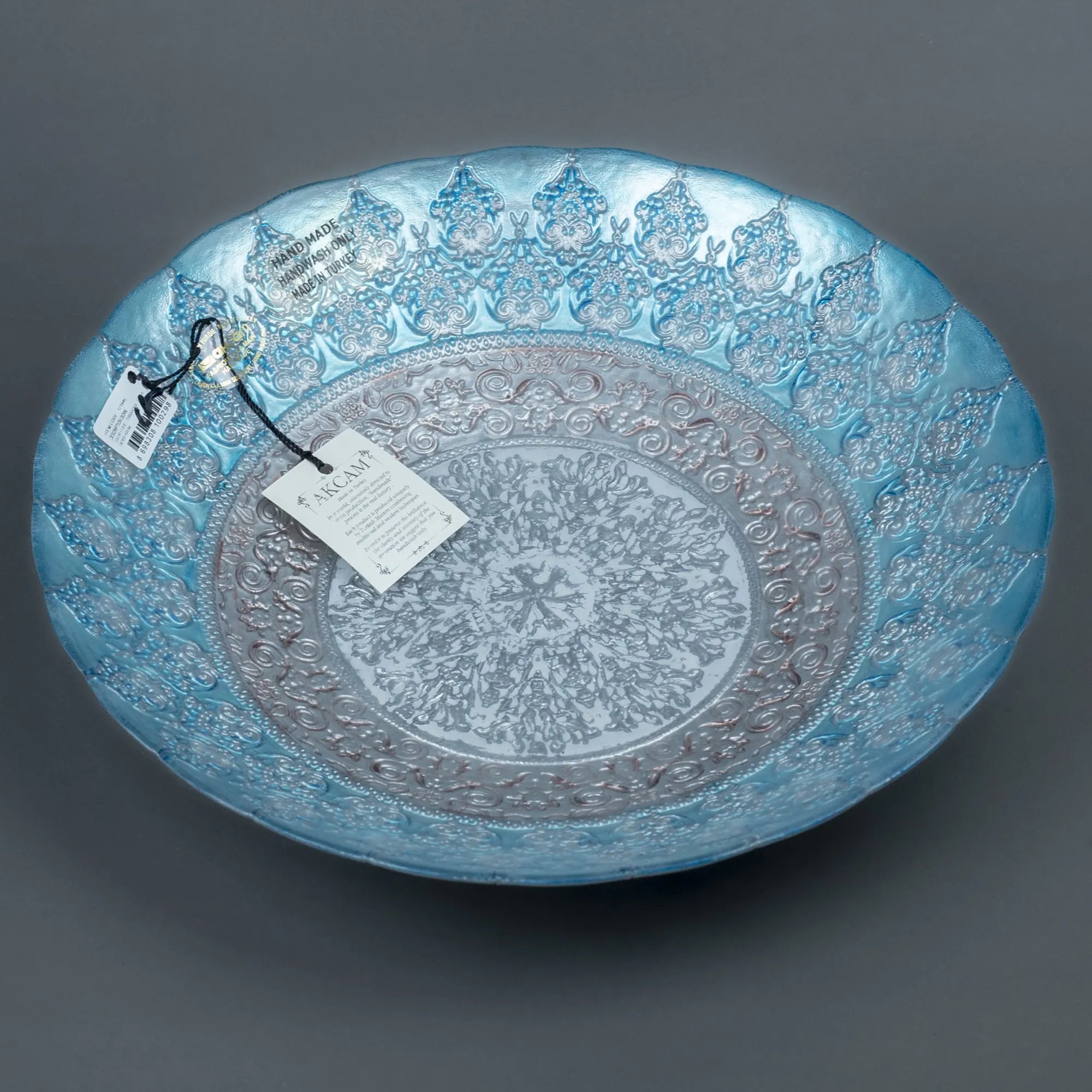 Hand-Decorated Glass Serving Bowl with Blue Filigree Pattern and Scalloped Edge