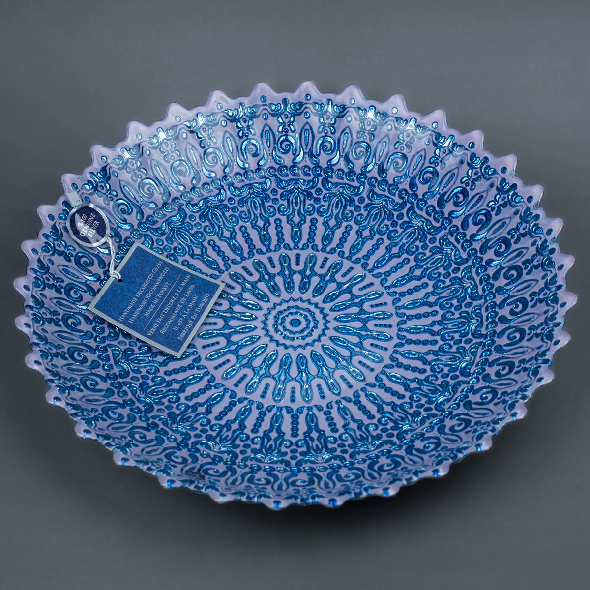 Hand-Decorated Glass Serving Bowl with Blue Filigree Pattern and Scalloped Edge