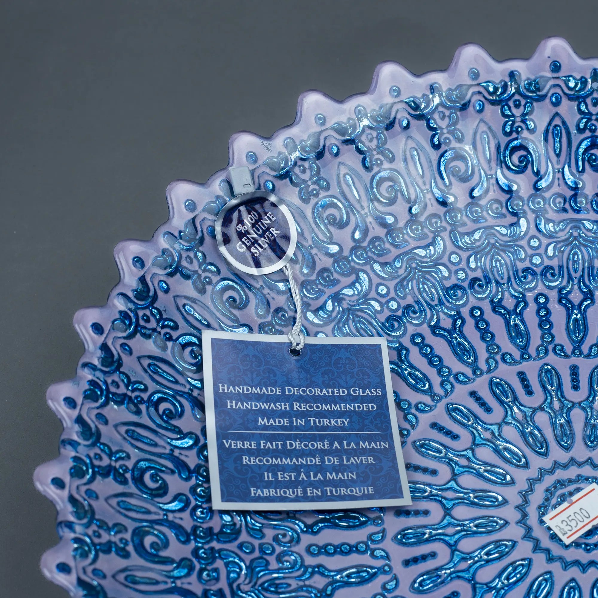 Hand-Decorated Glass Serving Bowl with Blue Filigree Pattern and Scalloped Edge