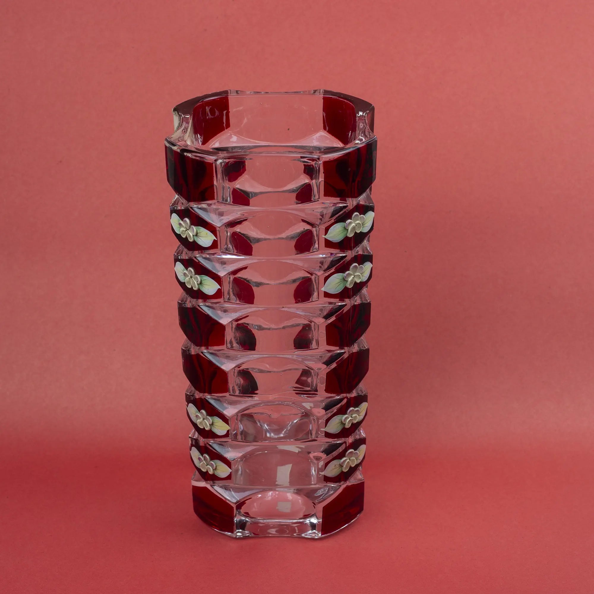 Decorative Glass Vase with Sculpted Accents and Floral Design