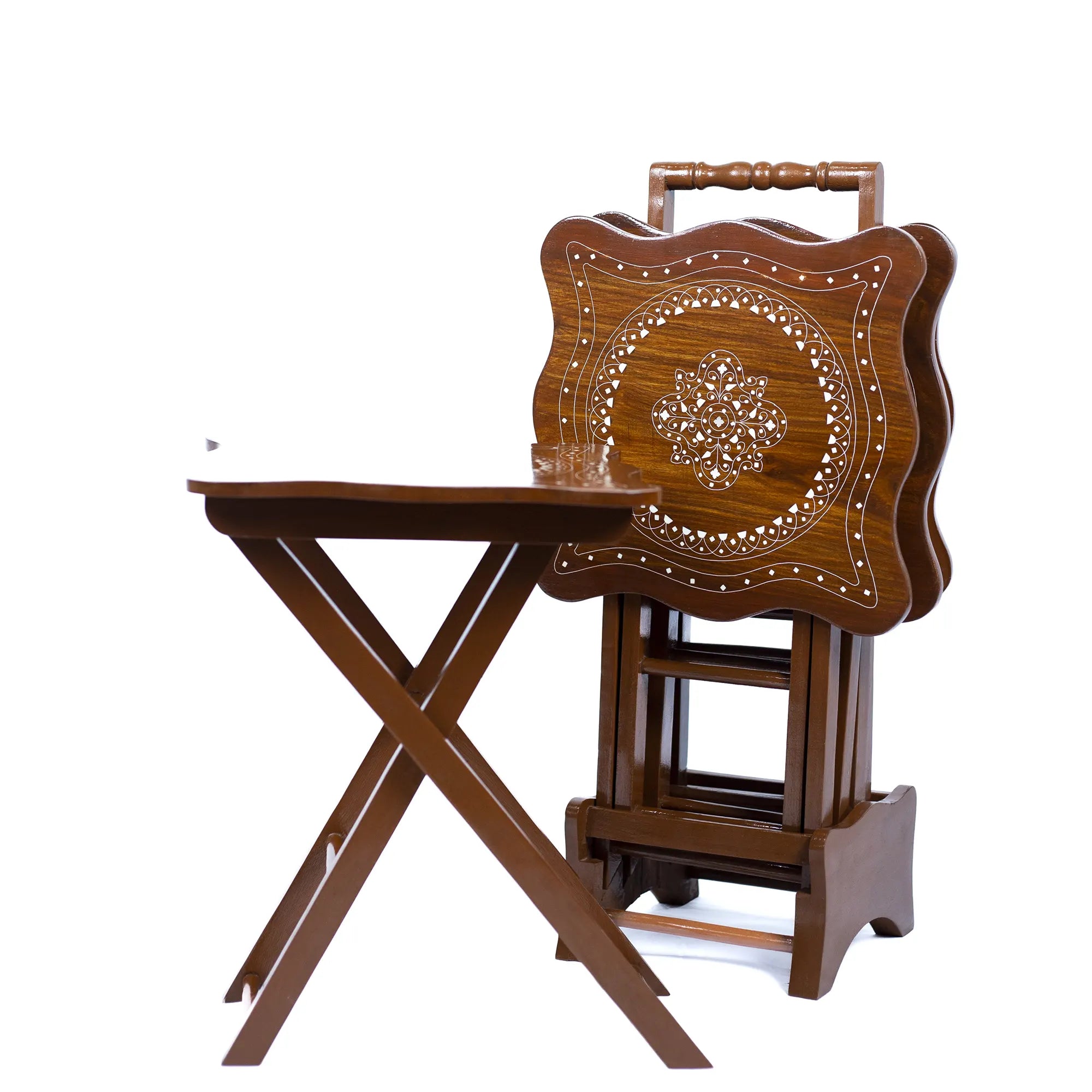 Stackable Wooden Nesting Tables with Intricate Inlay Design
