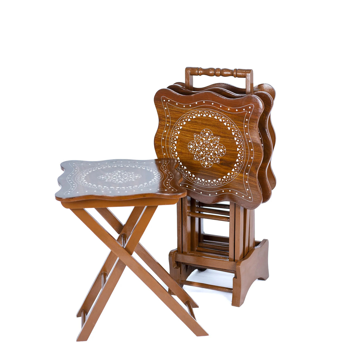 Stackable Wooden Nesting Tables with Intricate Inlay Design