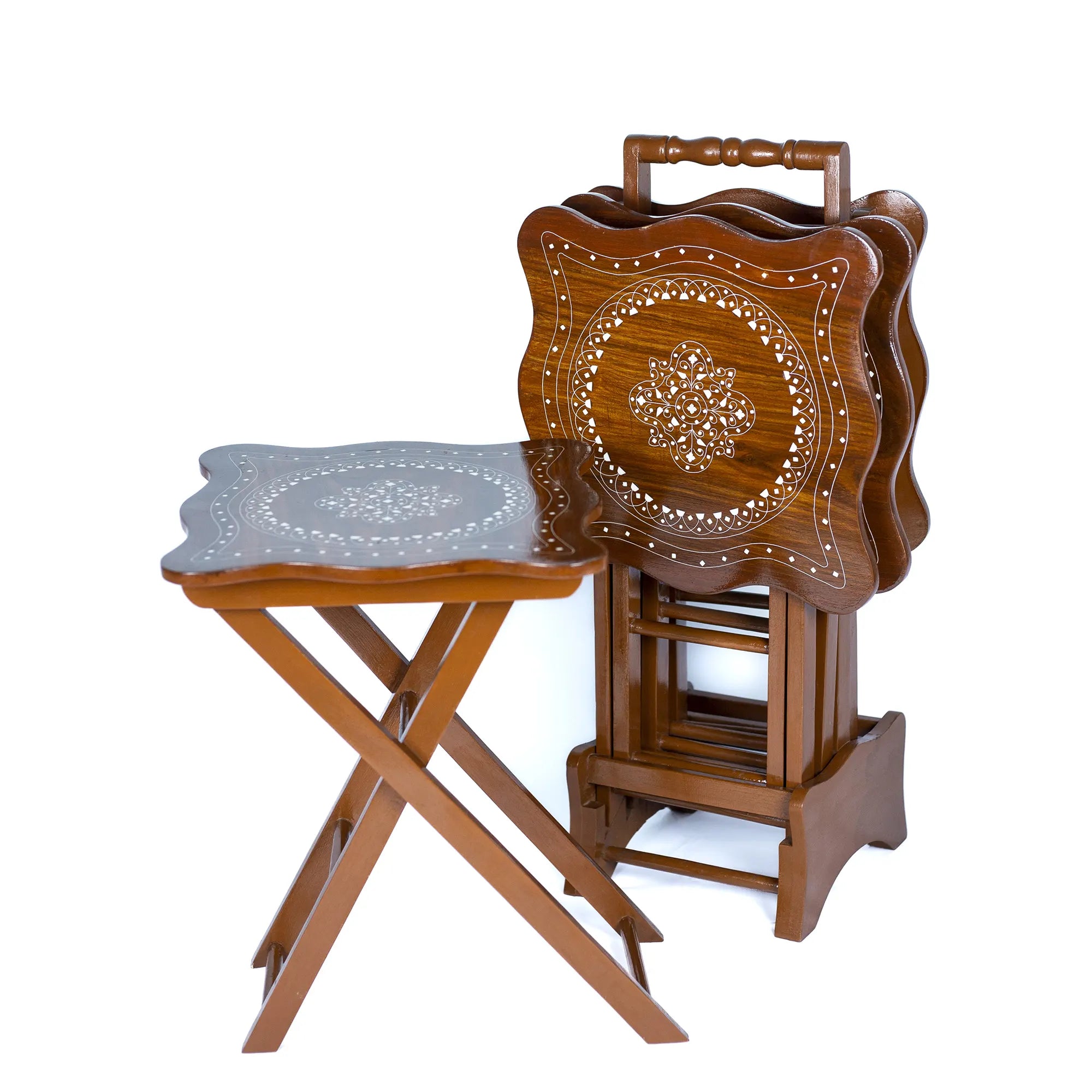 Stackable Wooden Nesting Tables with Intricate Inlay Design