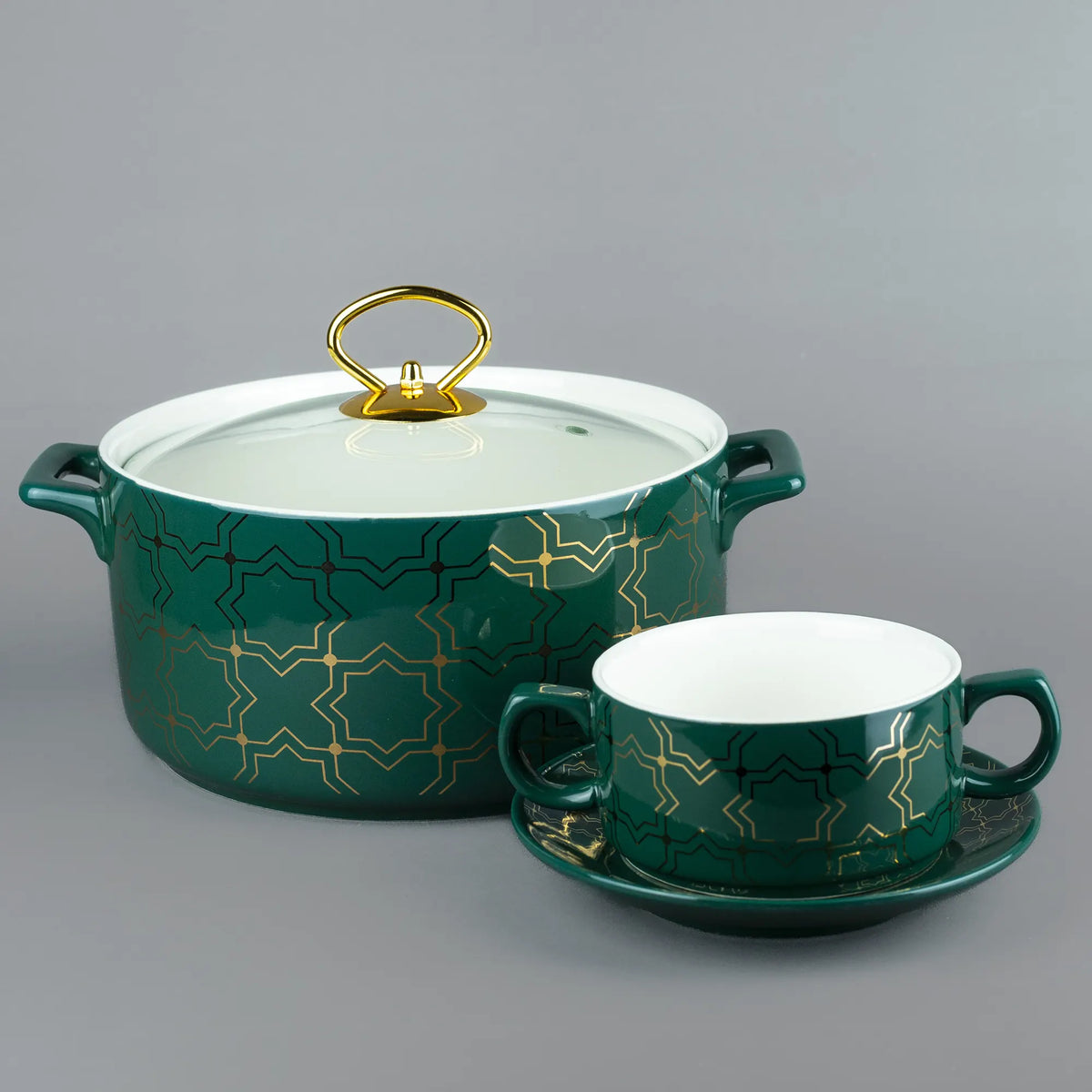 Emerald Green & Gold Geometric Patterned Cookware Set - Pot with Glass Lid & Matching Teacup Set