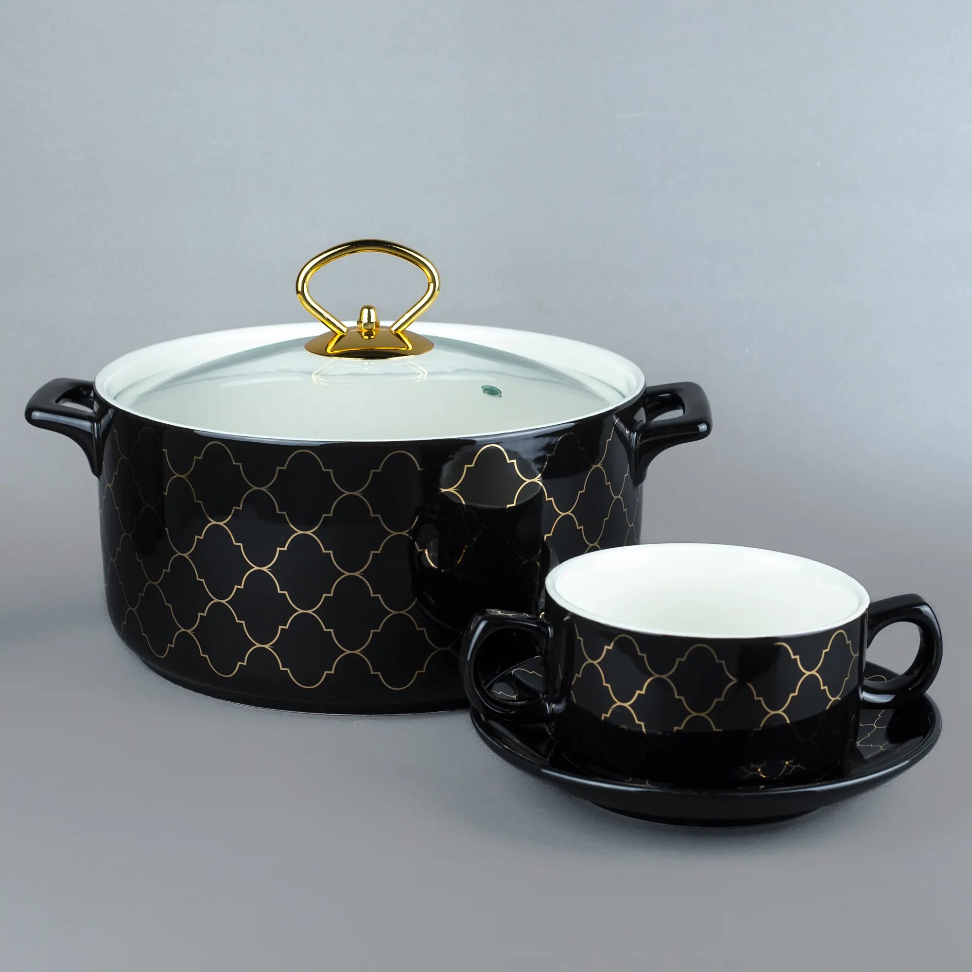 Emerald Green & Gold Geometric Patterned Cookware Set - Pot with Glass Lid & Matching Teacup Set