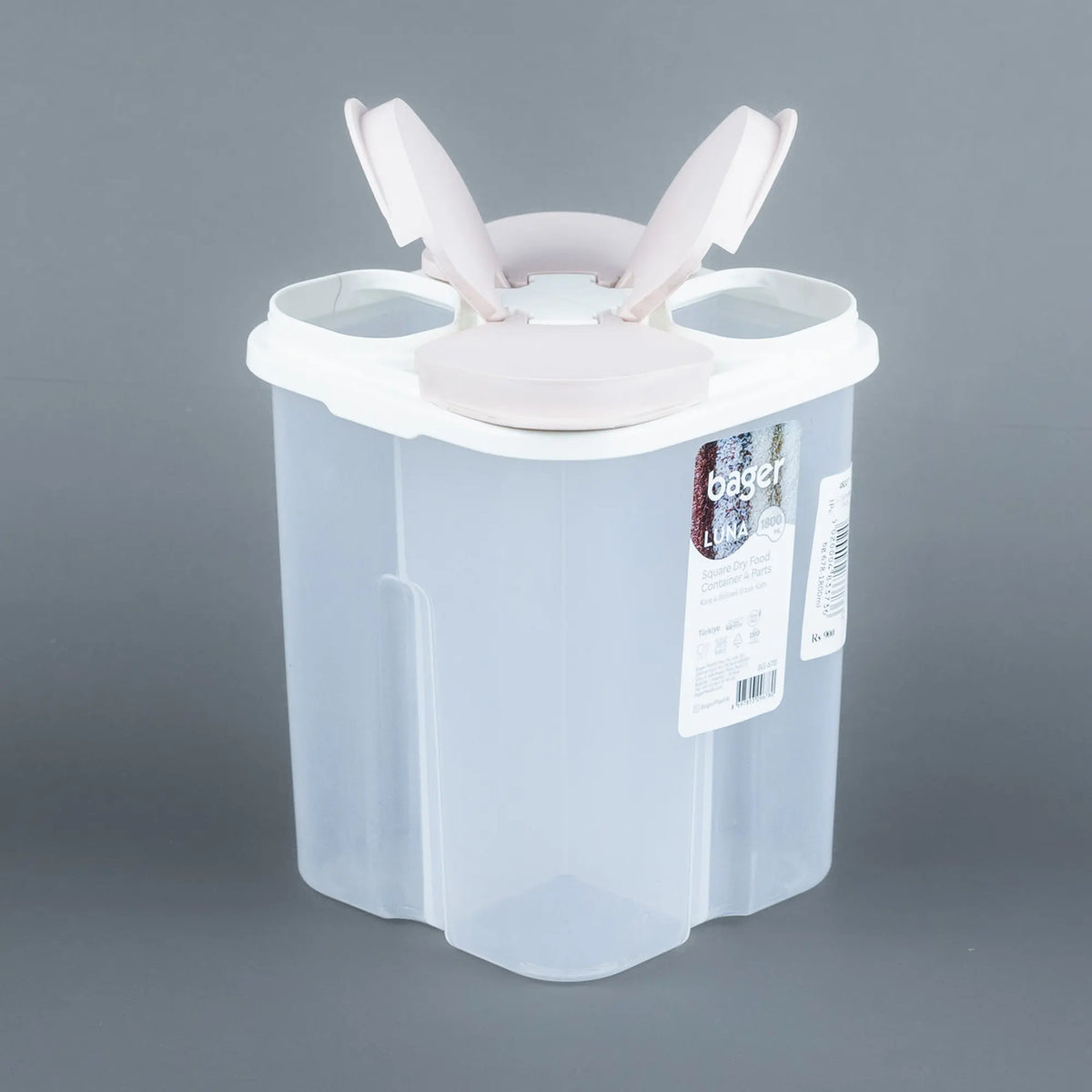 Bager Luna 1800 Square Dry Food Container - 4-Part Dispenser with Blush Lid | Best Crockery