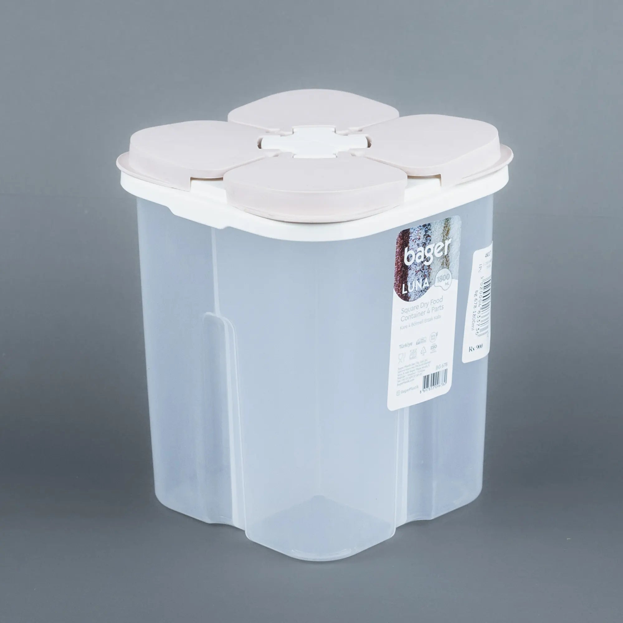 Bager Luna 1800 Square Dry Food Container - 4-Part Dispenser with Blush Lid | Best Crockery