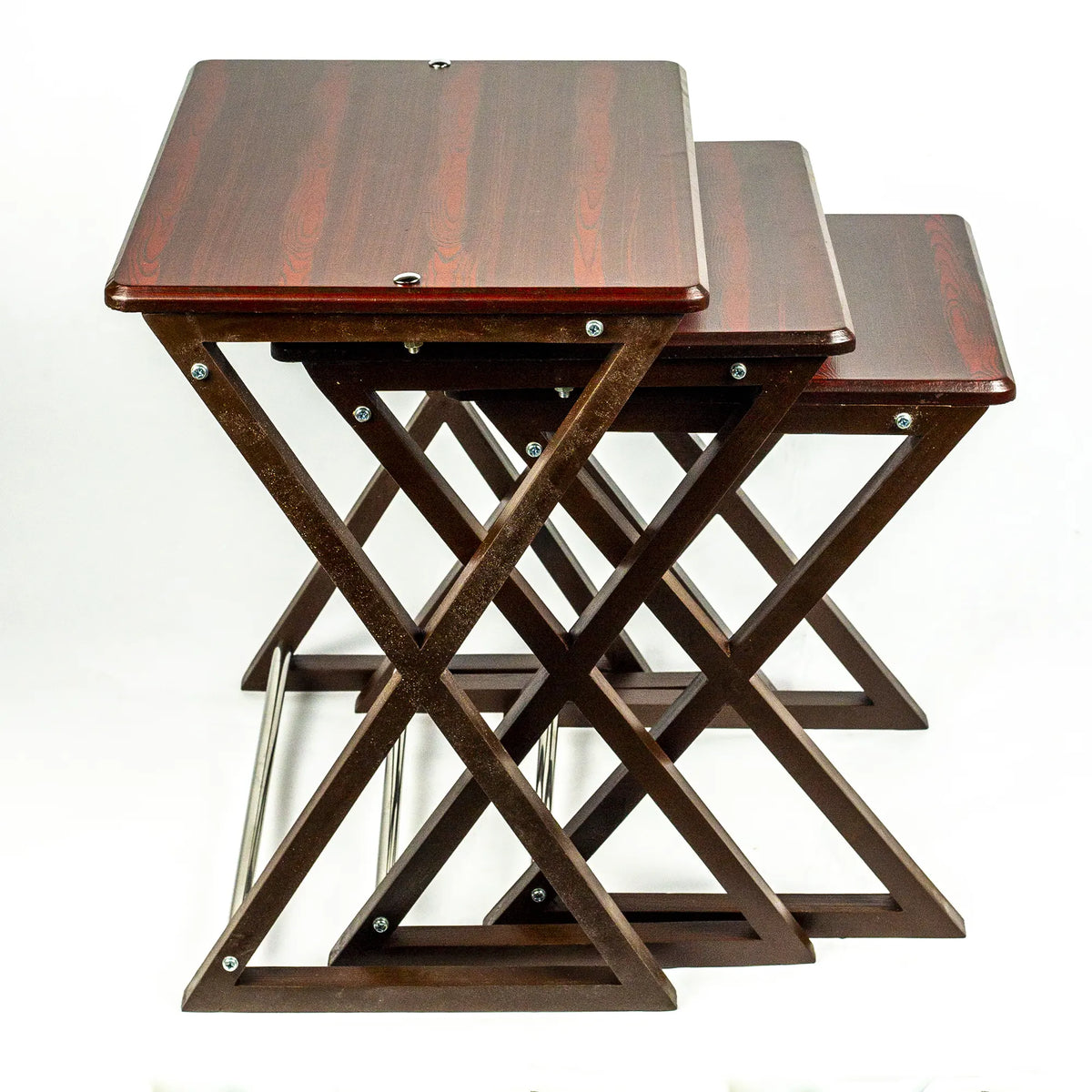 Set of 3 Wooden Folding Tray Tables - Dark Brown Nesting TV Trays for Snacks, Drinks & Side Use