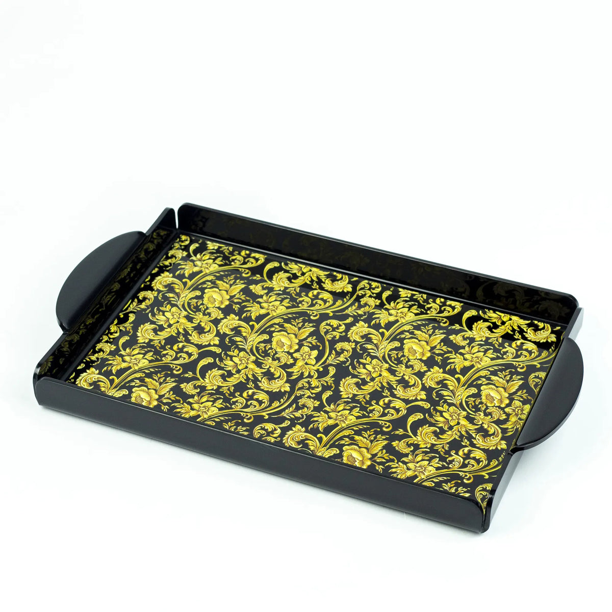 Luxurious Black & Gold Acrylic Serving Tray - Baroque Floral Pattern with Built-in Handles | Best Crockery